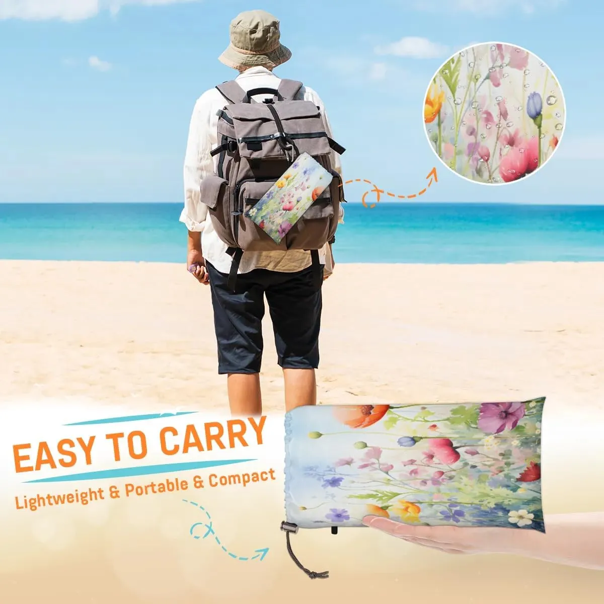 Beach Blanket, Colorful Flowers Sandproof Beach Mat, Waterproof Quick Drying Sand Free Mat with 4 x Ground Spikes for Outdoor Travel Camping Hiking, Wild Flowers 68 x 59 in