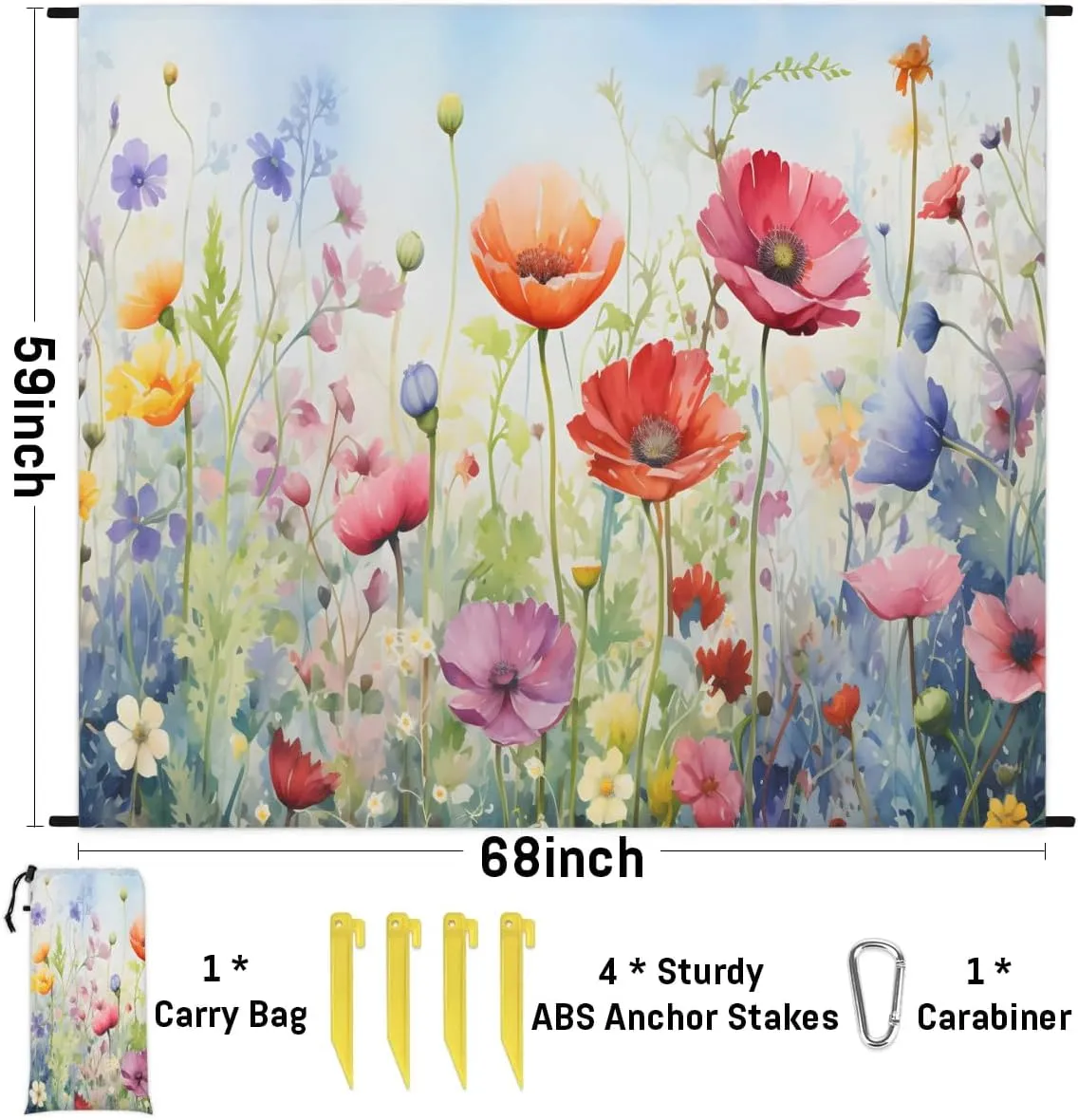 Beach Blanket, Colorful Flowers Sandproof Beach Mat, Waterproof Quick Drying Sand Free Mat with 4 x Ground Spikes for Outdoor Travel Camping Hiking, Wild Flowers 68 x 59 in
