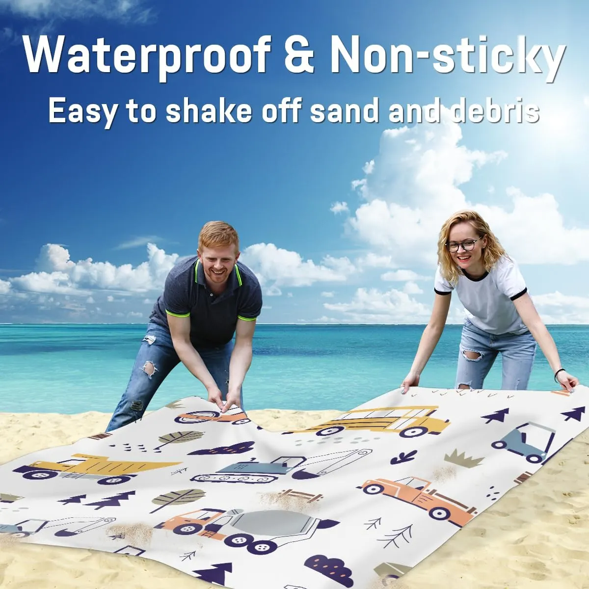 Beach Blanket, Excavator Sandproof Beach Mat, Waterproof Quick Drying Sand Free Mat with 4 x Ground Spikes for Outdoor Travel Camping Hiking, Construction Truck 68 x 59 in