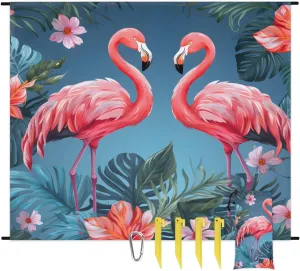 Beach Blanket, Flamingo Sandproof Beach Mat, Waterproof Quick Drying Sand Free Mat with 4 x Ground Spikes for Outdoor Travel Camping Hiking, Flamingos Tropical Leaves 68 x 59 in