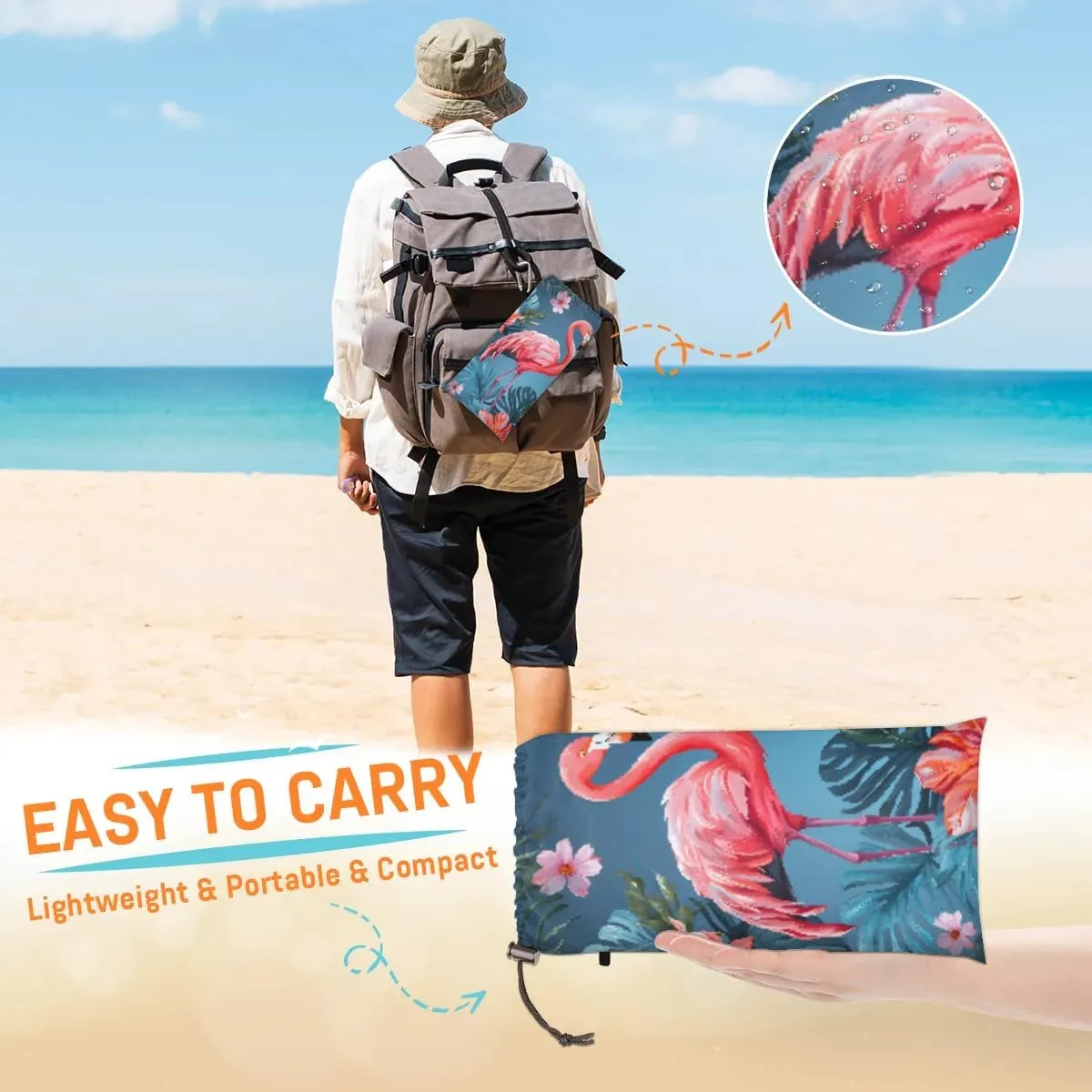 Beach Blanket, Flamingo Sandproof Beach Mat, Waterproof Quick Drying Sand Free Mat with 4 x Ground Spikes for Outdoor Travel Camping Hiking, Flamingos Tropical Leaves 68 x 59 in