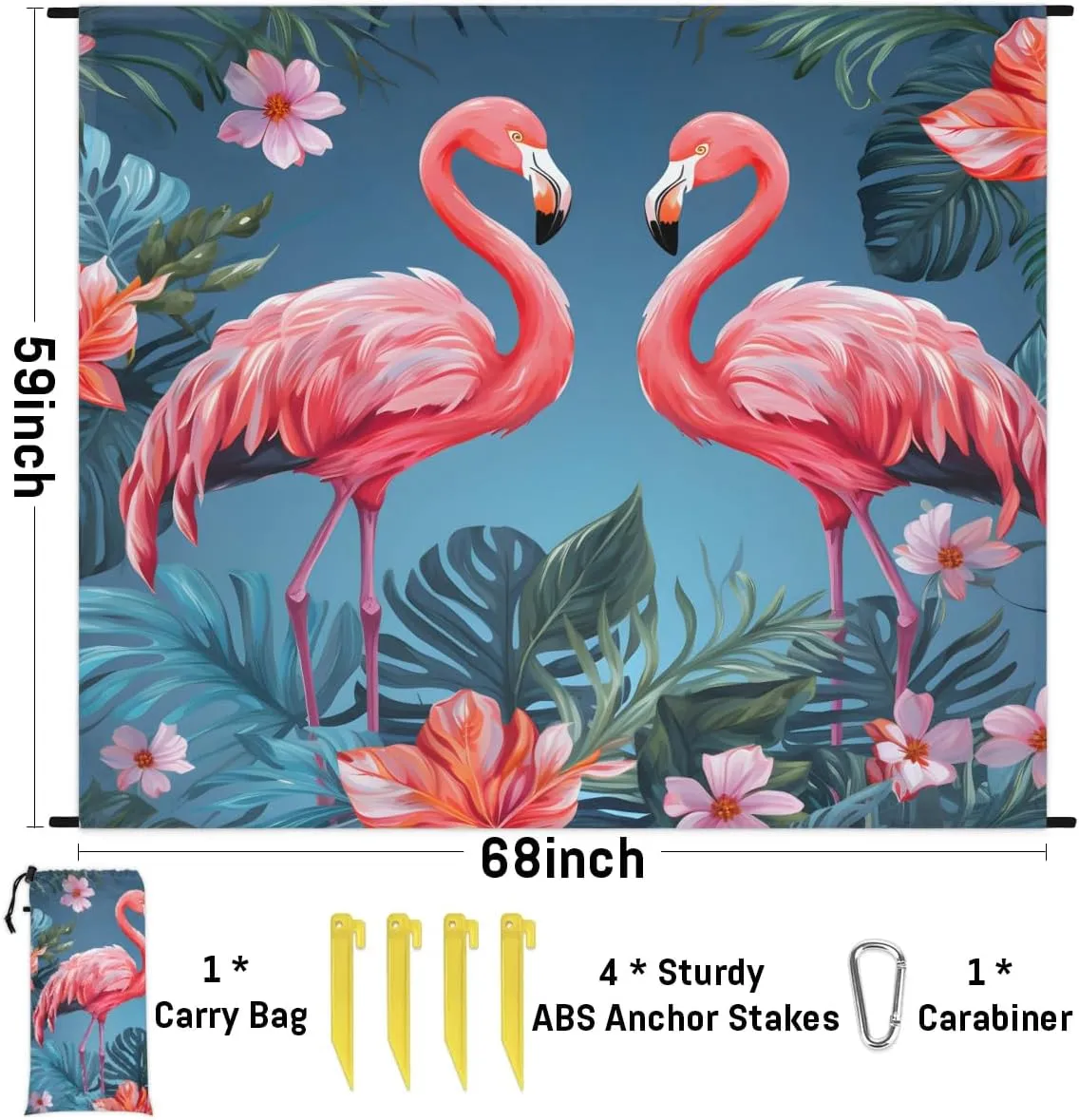Beach Blanket, Flamingo Sandproof Beach Mat, Waterproof Quick Drying Sand Free Mat with 4 x Ground Spikes for Outdoor Travel Camping Hiking, Flamingos Tropical Leaves 68 x 59 in