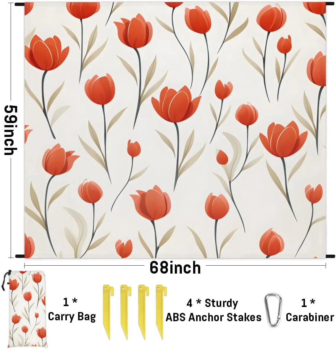 Beach Blanket, Flowers Tulip Spring Sandproof Beach Mat, Waterproof Quick Drying Sand Free Mat with 4 x Ground Spikes for Outdoor Travel Camping Hiking, Tulip 68 x 59 in
