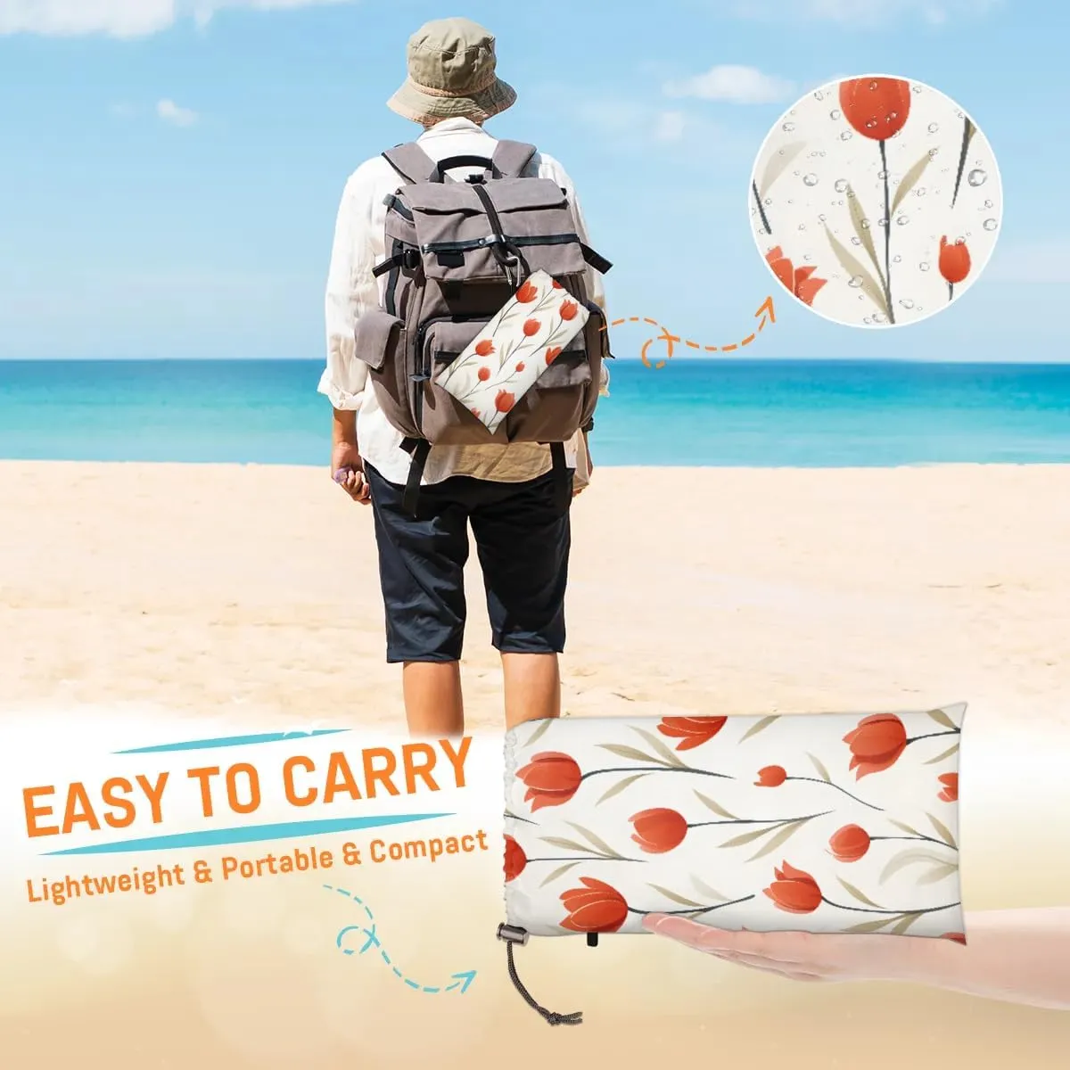 Beach Blanket, Flowers Tulip Spring Sandproof Beach Mat, Waterproof Quick Drying Sand Free Mat with 4 x Ground Spikes for Outdoor Travel Camping Hiking, Tulip 68 x 59 in