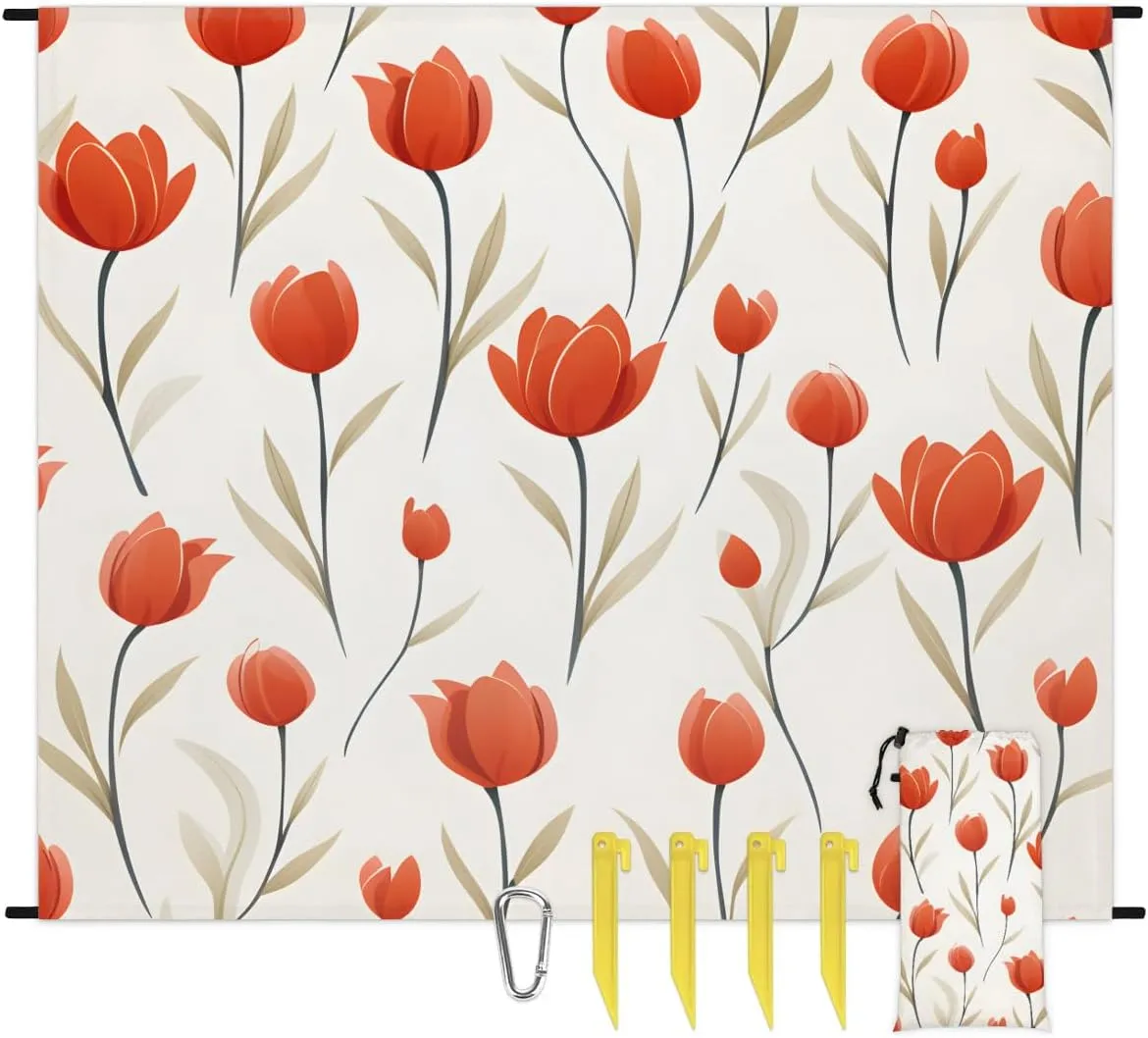 Beach Blanket, Flowers Tulip Spring Sandproof Beach Mat, Waterproof Quick Drying Sand Free Mat with 4 x Ground Spikes for Outdoor Travel Camping Hiking, Tulip 68 x 59 in