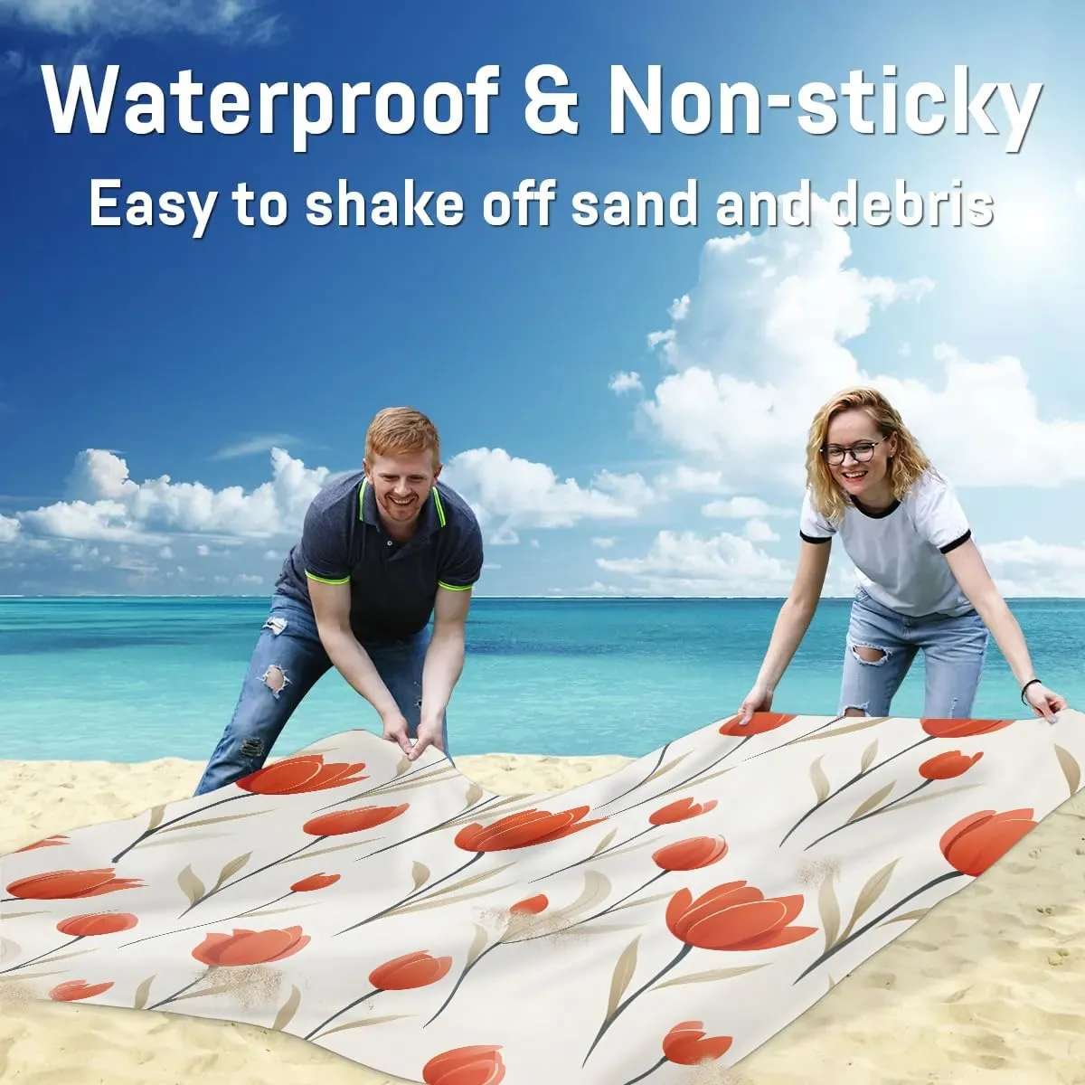 Beach Blanket, Flowers Tulip Spring Sandproof Beach Mat, Waterproof Quick Drying Sand Free Mat with 4 x Ground Spikes for Outdoor Travel Camping Hiking, Tulip 68 x 59 in