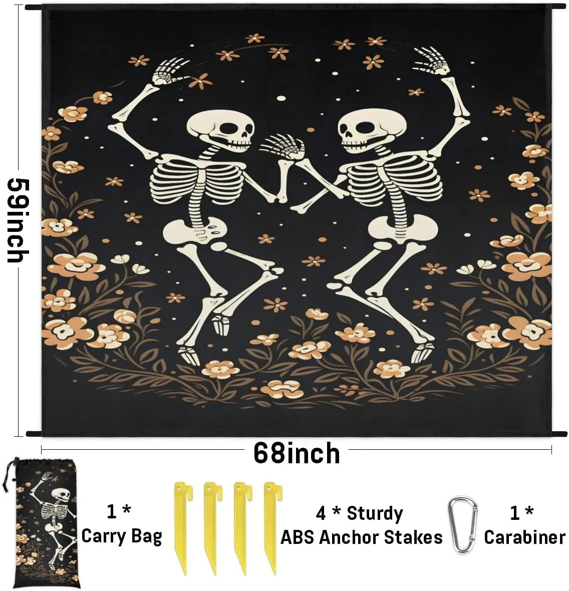 Beach Blanket, Funny Skull Sandproof Beach Mat, Waterproof Quick Drying Sand Free Mat with 4 x Ground Spikes for Outdoor Travel Camping Hiking, Skeleton Goth Gothic 68 x 59 in