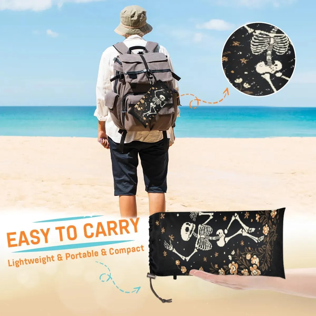 Beach Blanket, Funny Skull Sandproof Beach Mat, Waterproof Quick Drying Sand Free Mat with 4 x Ground Spikes for Outdoor Travel Camping Hiking, Skeleton Goth Gothic 68 x 59 in