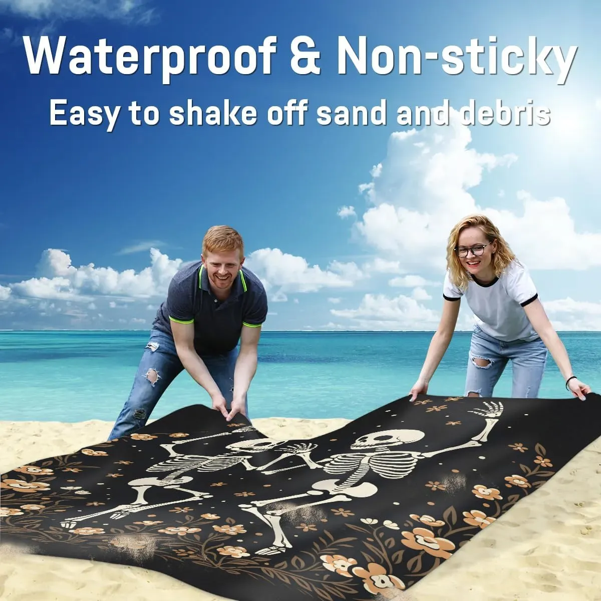 Beach Blanket, Funny Skull Sandproof Beach Mat, Waterproof Quick Drying Sand Free Mat with 4 x Ground Spikes for Outdoor Travel Camping Hiking, Skeleton Goth Gothic 68 x 59 in