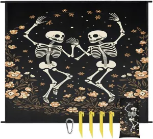 Beach Blanket, Funny Skull Sandproof Beach Mat, Waterproof Quick Drying Sand Free Mat with 4 x Ground Spikes for Outdoor Travel Camping Hiking, Skeleton Goth Gothic 68 x 59 in