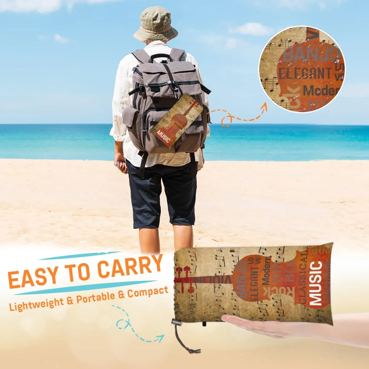 Beach Blanket, Guitar Sandproof Beach Mat, Waterproof Quick Drying Sand Free Mat with 4 x Ground Spikes for Outdoor Travel Camping Hiking, Music Note 68 x 59 in