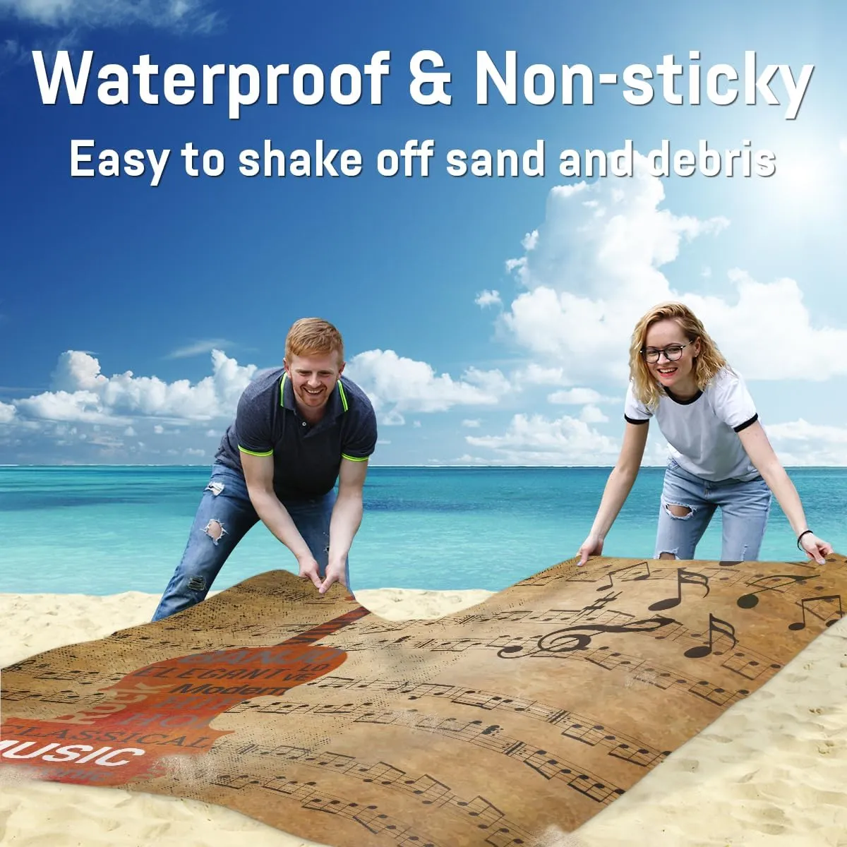 Beach Blanket, Guitar Sandproof Beach Mat, Waterproof Quick Drying Sand Free Mat with 4 x Ground Spikes for Outdoor Travel Camping Hiking, Music Note 68 x 59 in