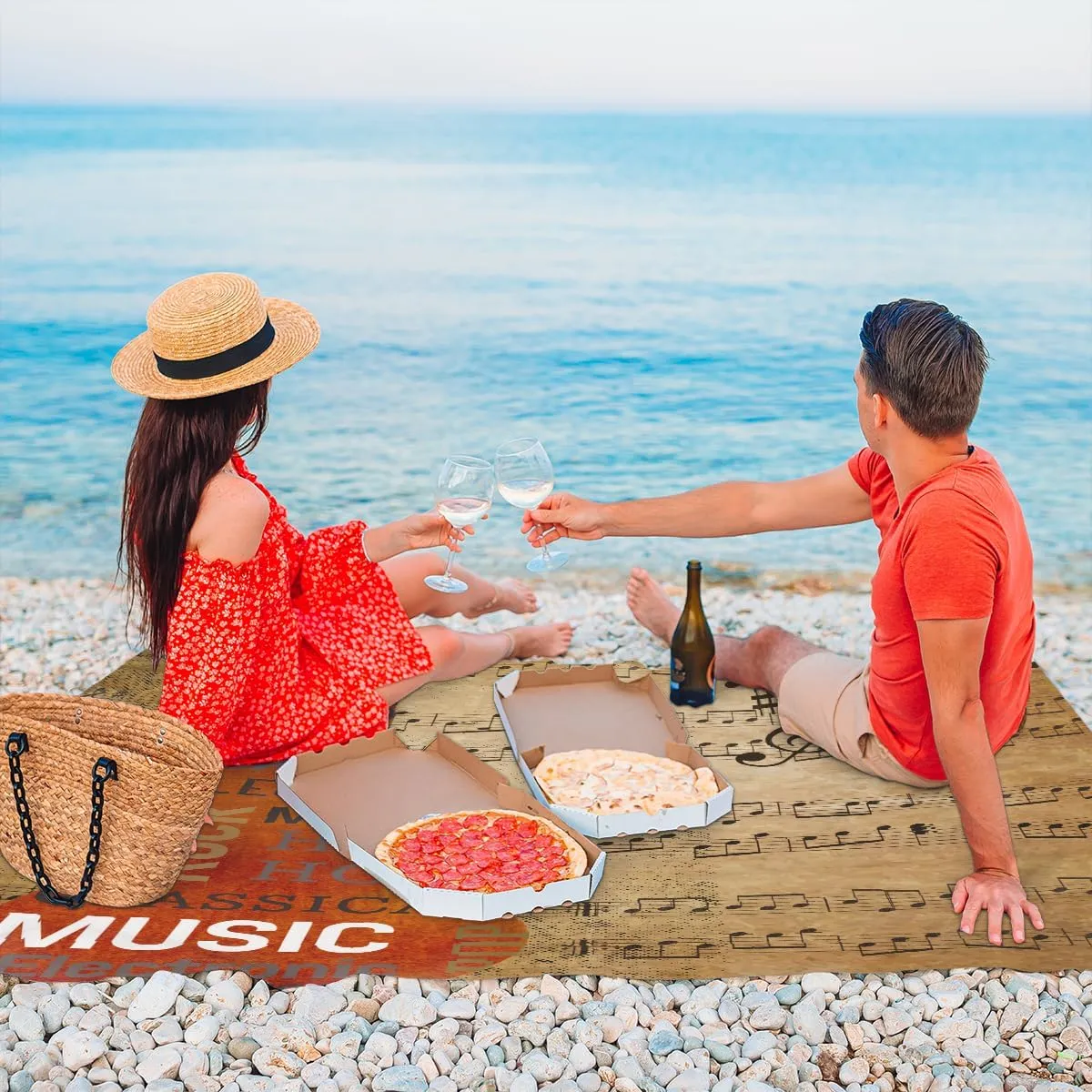 Beach Blanket, Guitar Sandproof Beach Mat, Waterproof Quick Drying Sand Free Mat with 4 x Ground Spikes for Outdoor Travel Camping Hiking, Music Note 68 x 59 in