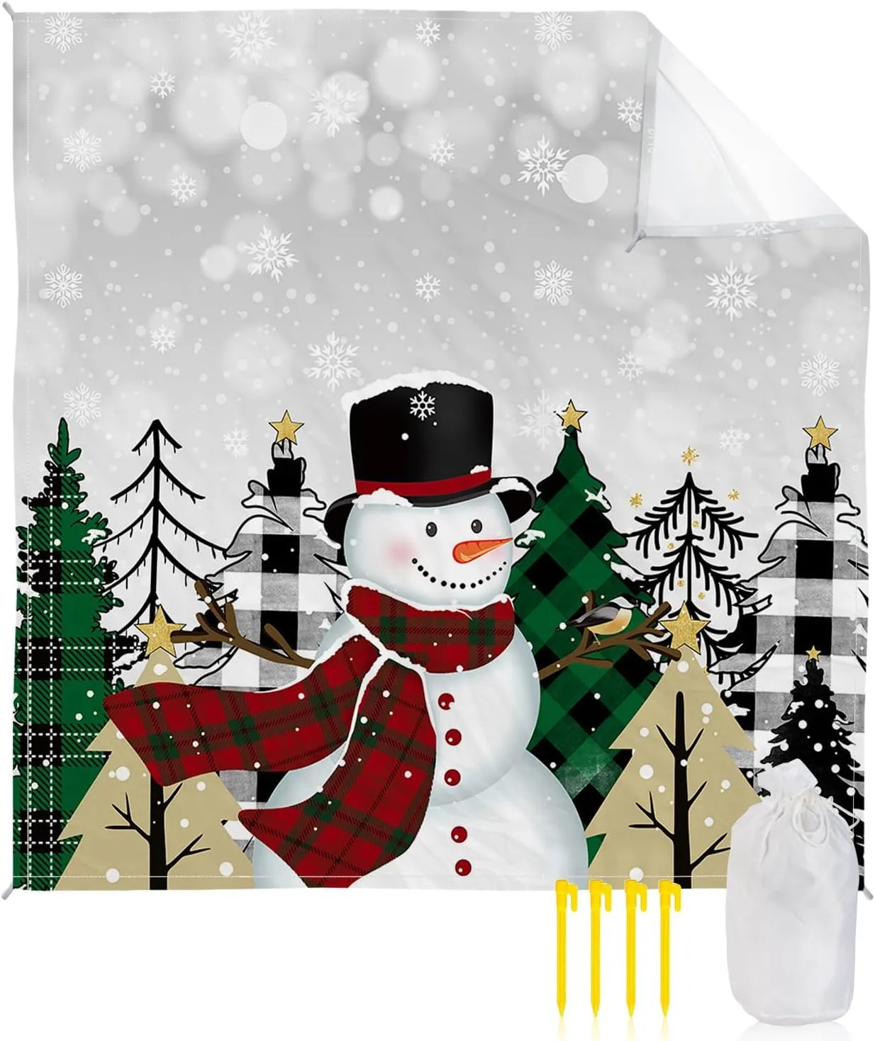 Beach Blanket, Merry Christmas Snowman Xmas Tree Snowflake Grey Sandproof Waterproof Outdoor Mat Quick Drying Beach Accessories for Vacation Holiday Picnic Camping, 79"x83" for 1-4 Adults
