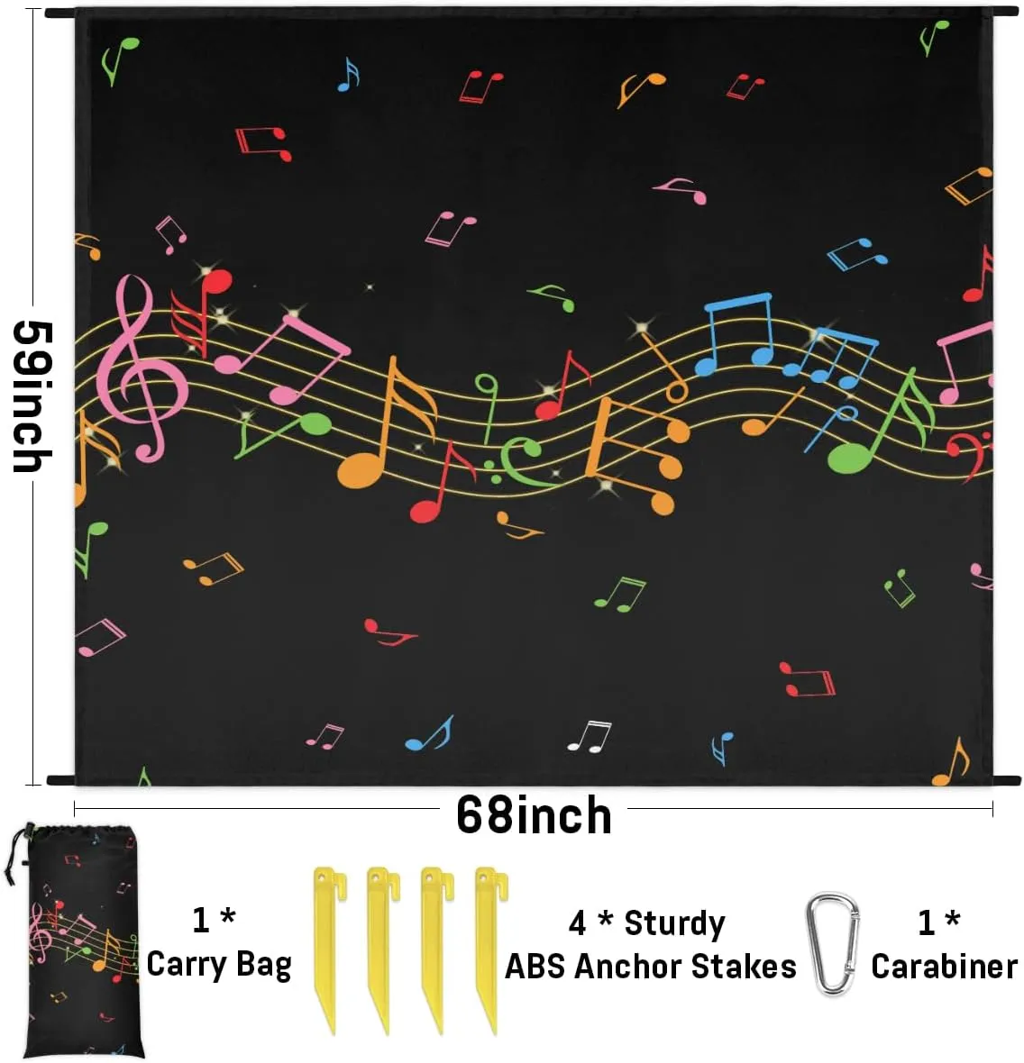 Beach Blanket, Music Note Sandproof Beach Mat, Waterproof Quick Drying Sand Free Mat with 4 x Ground Spikes for Outdoor Travel Camping Hiking, Colorful Music 68 x 59 in