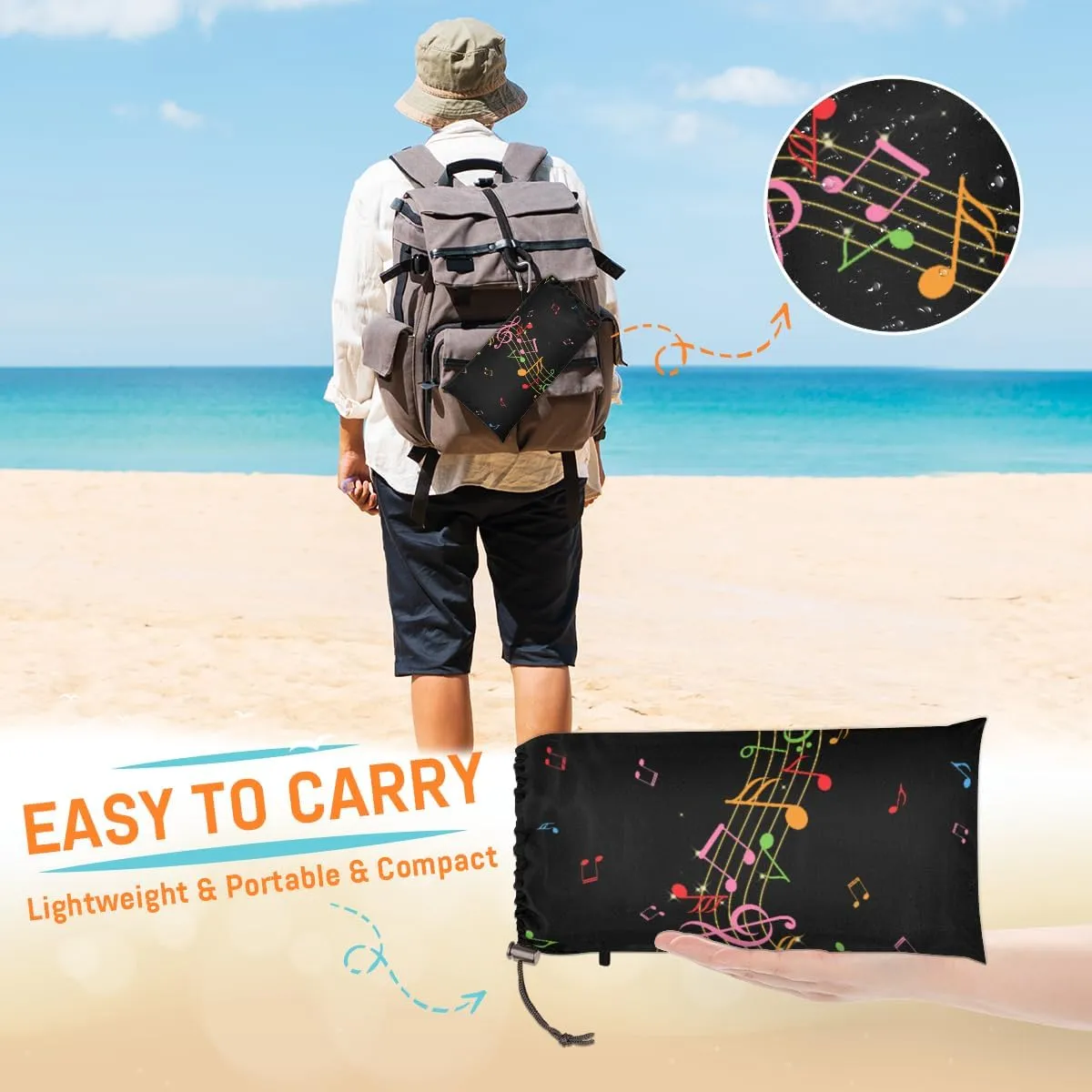 Beach Blanket, Music Note Sandproof Beach Mat, Waterproof Quick Drying Sand Free Mat with 4 x Ground Spikes for Outdoor Travel Camping Hiking, Colorful Music 68 x 59 in