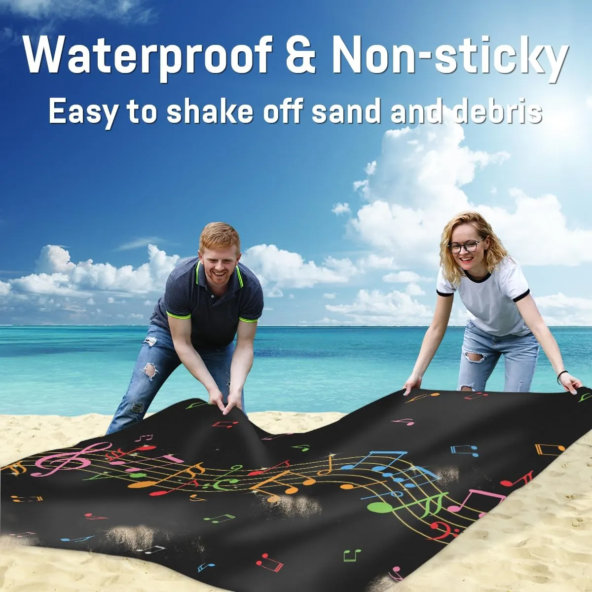 Beach Blanket, Music Note Sandproof Beach Mat, Waterproof Quick Drying Sand Free Mat with 4 x Ground Spikes for Outdoor Travel Camping Hiking, Colorful Music 68 x 59 in
