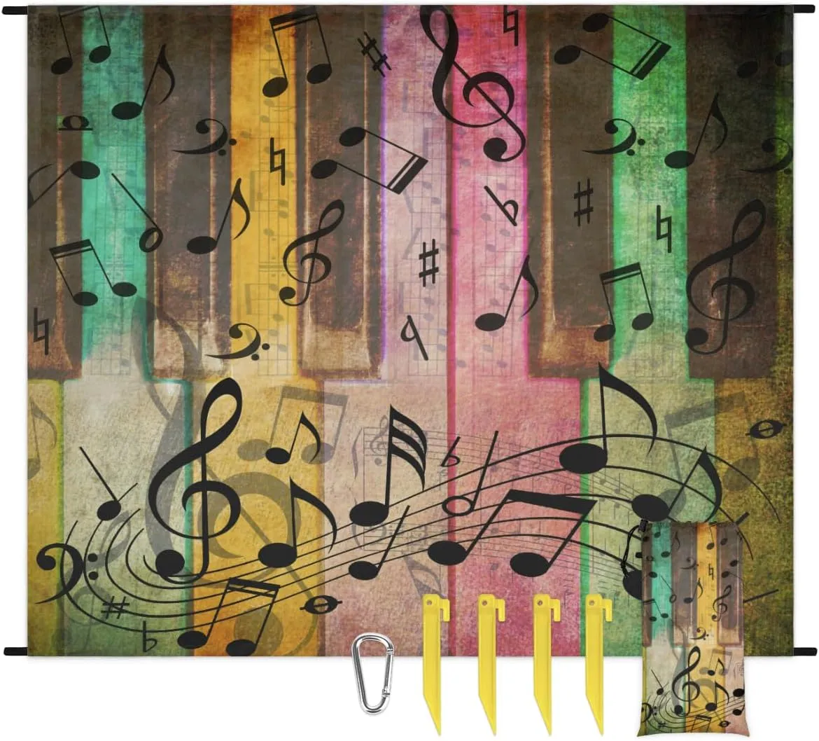 Beach Blanket, Music Note Sandproof Beach Mat, Waterproof Quick Drying Sand Free Mat with 4 x Ground Spikes for Outdoor Travel Camping Hiking, Colorful Piano 68 x 59 in