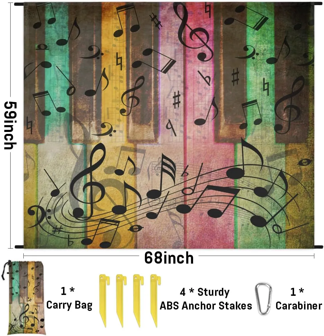 Beach Blanket, Music Note Sandproof Beach Mat, Waterproof Quick Drying Sand Free Mat with 4 x Ground Spikes for Outdoor Travel Camping Hiking, Colorful Piano 68 x 59 in