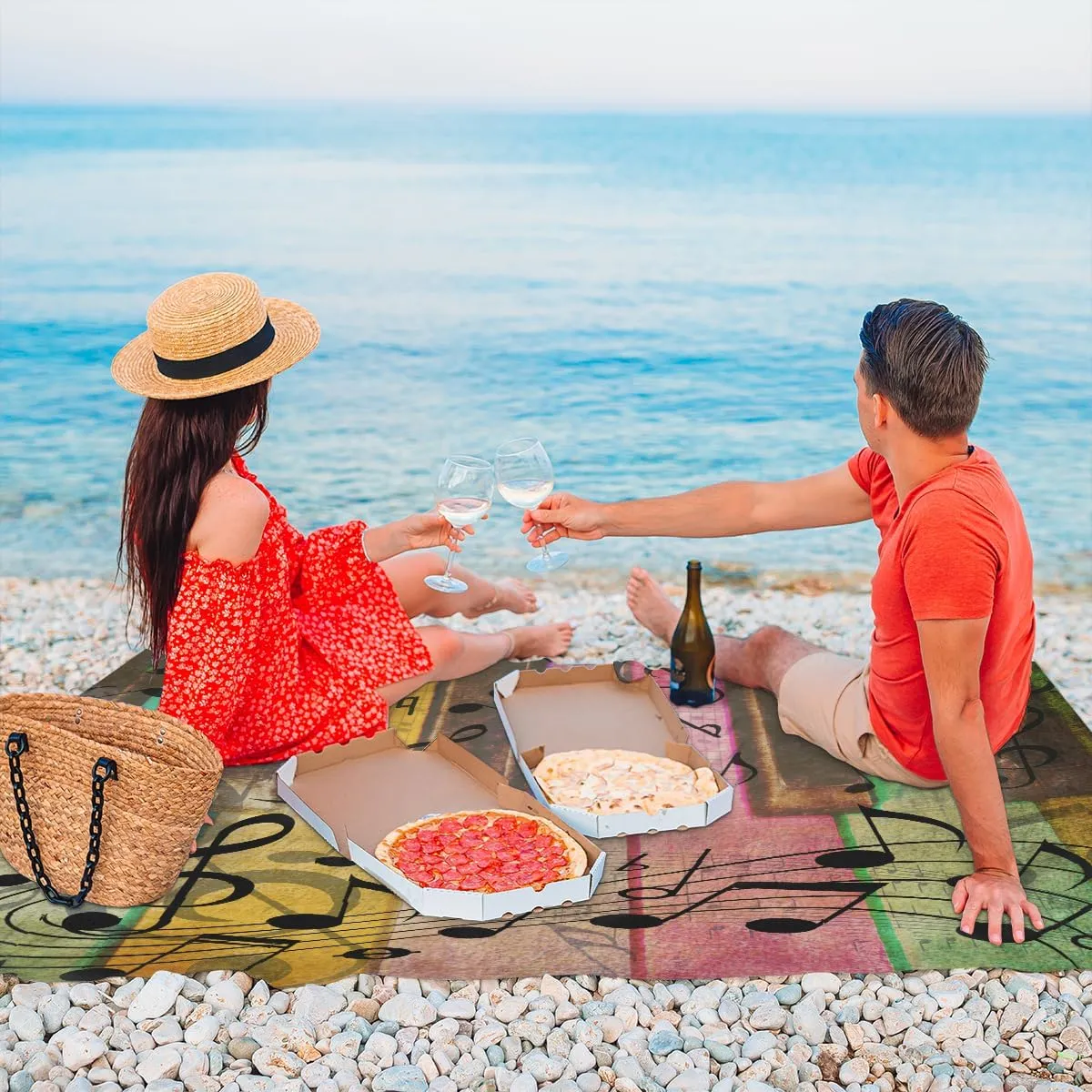 Beach Blanket, Music Note Sandproof Beach Mat, Waterproof Quick Drying Sand Free Mat with 4 x Ground Spikes for Outdoor Travel Camping Hiking, Colorful Piano 68 x 59 in