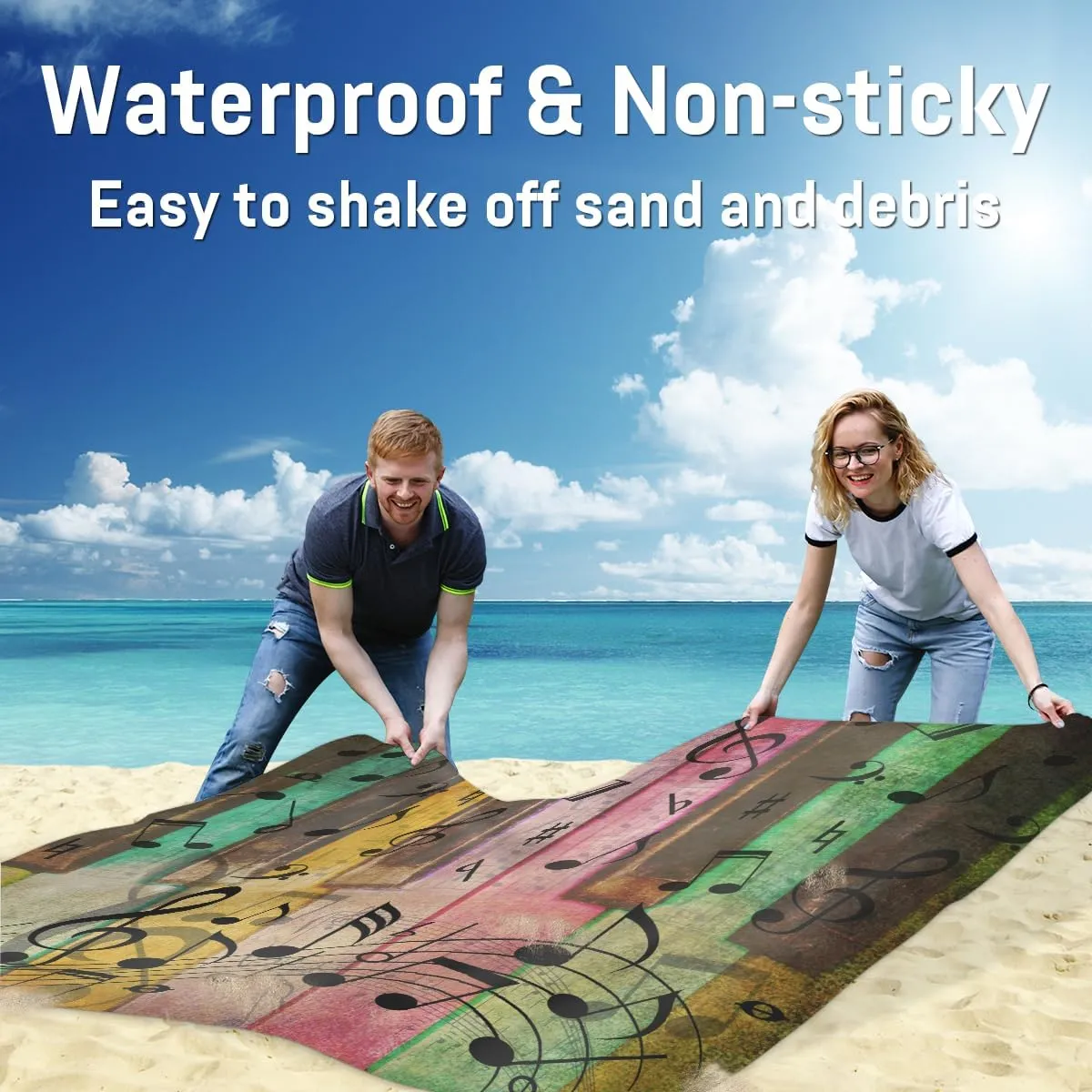 Beach Blanket, Music Note Sandproof Beach Mat, Waterproof Quick Drying Sand Free Mat with 4 x Ground Spikes for Outdoor Travel Camping Hiking, Colorful Piano 68 x 59 in