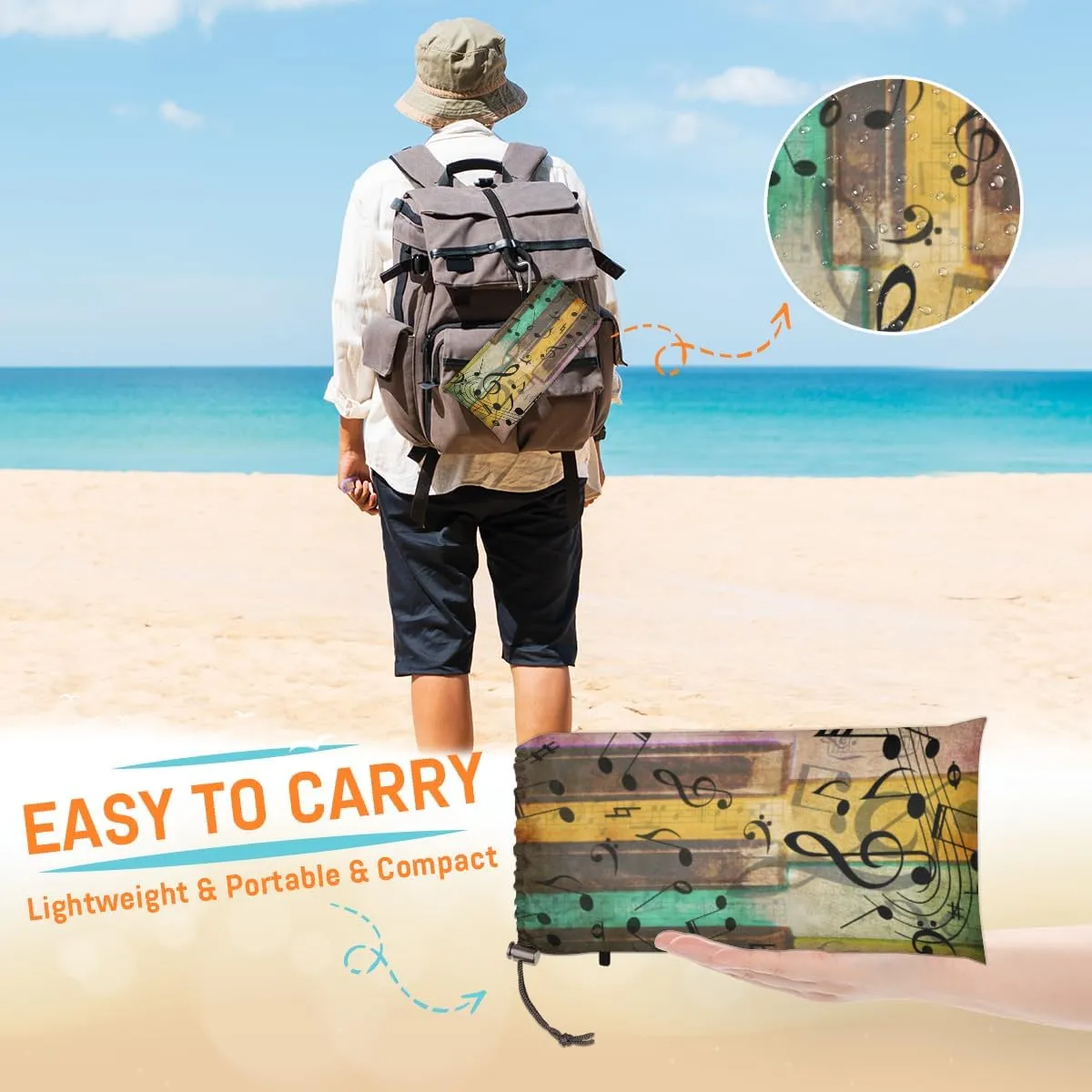 Beach Blanket, Music Note Sandproof Beach Mat, Waterproof Quick Drying Sand Free Mat with 4 x Ground Spikes for Outdoor Travel Camping Hiking, Colorful Piano 68 x 59 in