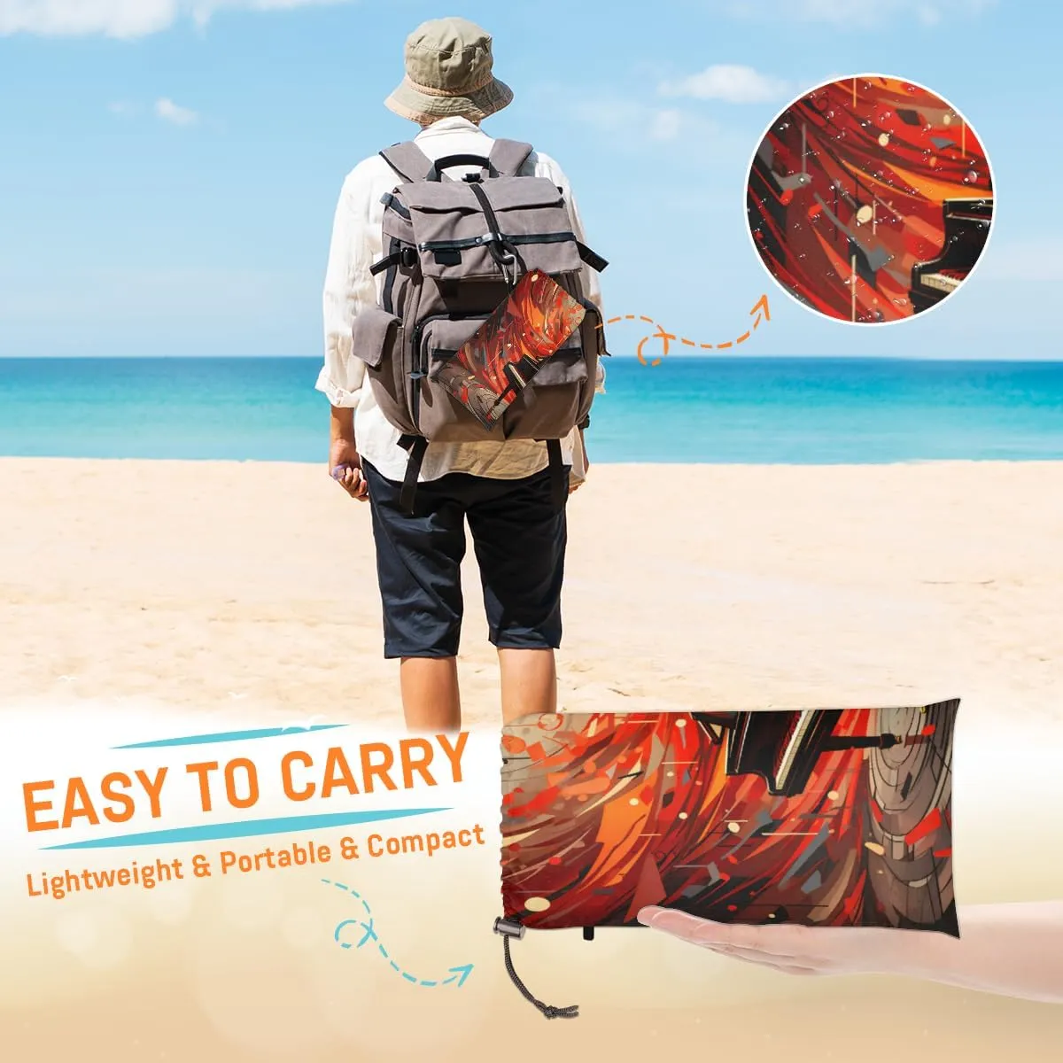 Beach Blanket, Music Sandproof Beach Mat, Waterproof Quick Drying Sand Free Mat with 4 x Ground Spikes for Outdoor Travel Camping Hiking, Piano Art 68 x 59 in
