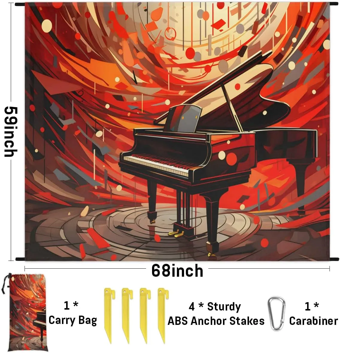 Beach Blanket, Music Sandproof Beach Mat, Waterproof Quick Drying Sand Free Mat with 4 x Ground Spikes for Outdoor Travel Camping Hiking, Piano Art 68 x 59 in