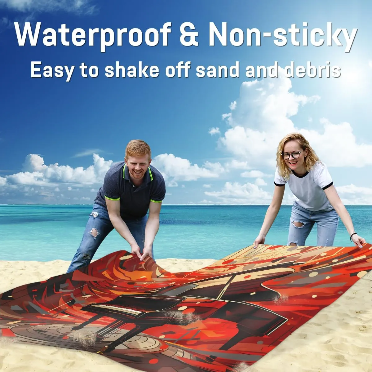 Beach Blanket, Music Sandproof Beach Mat, Waterproof Quick Drying Sand Free Mat with 4 x Ground Spikes for Outdoor Travel Camping Hiking, Piano Art 68 x 59 in