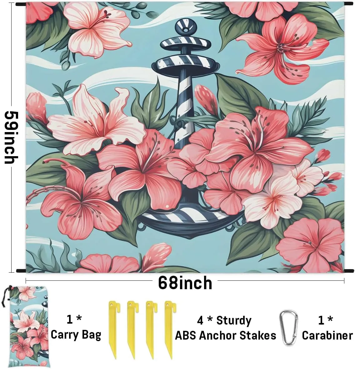 Beach Blanket, Nautical Anchor Sandproof Beach Mat, Waterproof Quick Drying Sand Free Mat with 4 x Ground Spikes for Outdoor Travel Camping Hiking, Lilies Floral 68 x 59 in
