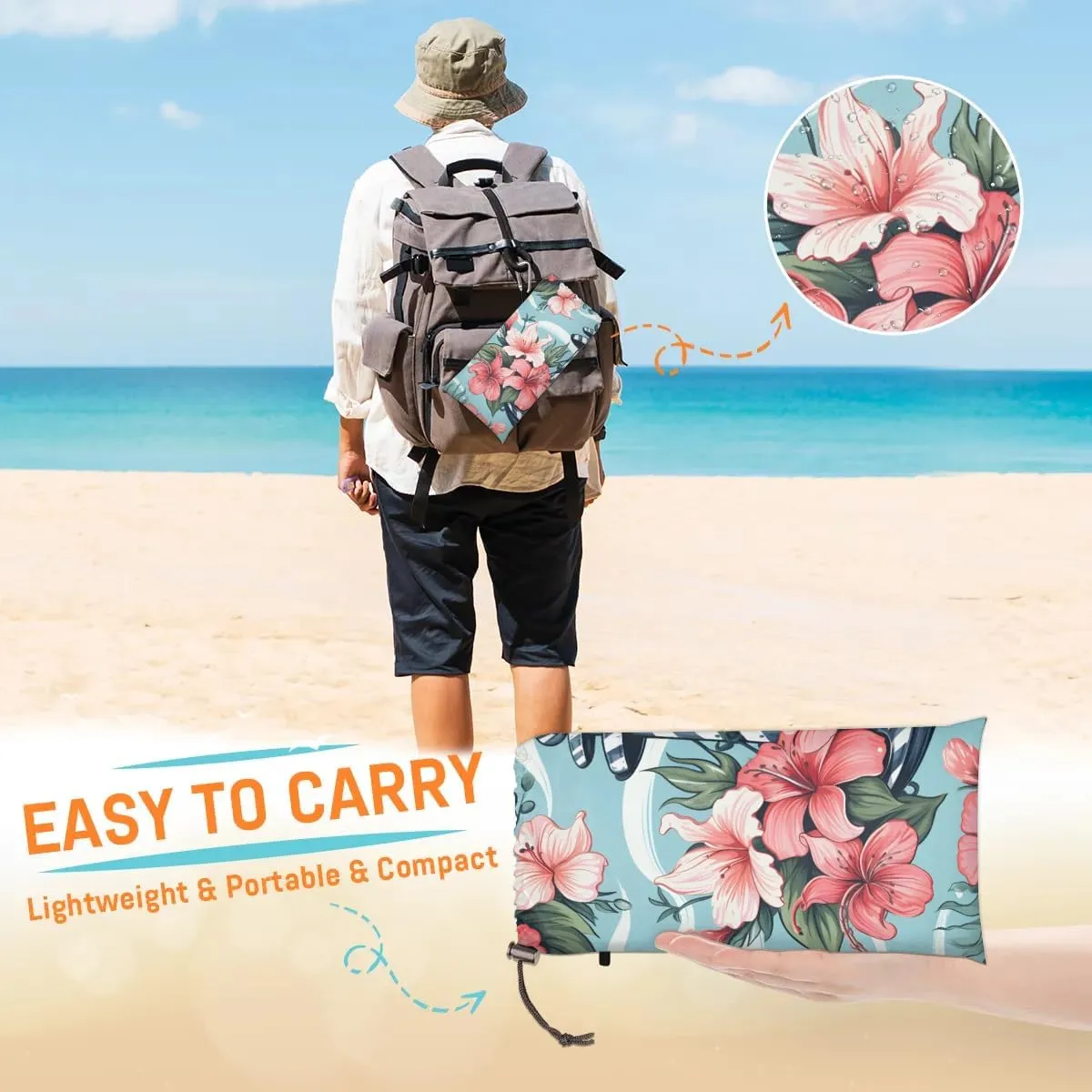 Beach Blanket, Nautical Anchor Sandproof Beach Mat, Waterproof Quick Drying Sand Free Mat with 4 x Ground Spikes for Outdoor Travel Camping Hiking, Lilies Floral 68 x 59 in