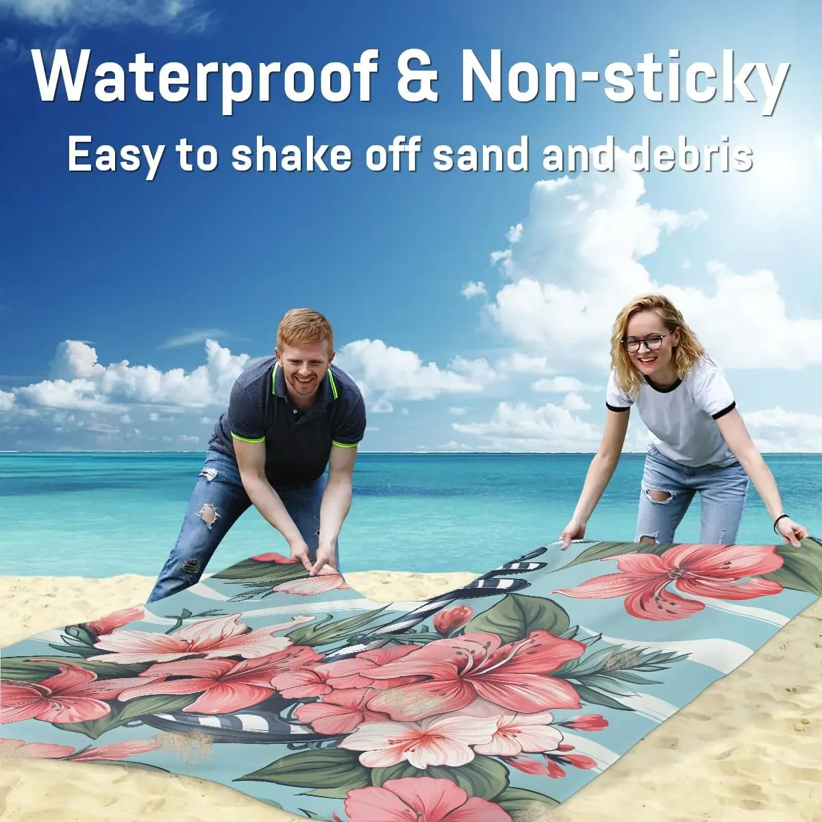 Beach Blanket, Nautical Anchor Sandproof Beach Mat, Waterproof Quick Drying Sand Free Mat with 4 x Ground Spikes for Outdoor Travel Camping Hiking, Lilies Floral 68 x 59 in