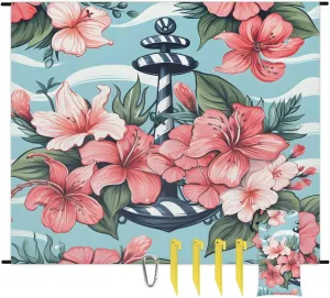 Beach Blanket, Nautical Anchor Sandproof Beach Mat, Waterproof Quick Drying Sand Free Mat with 4 x Ground Spikes for Outdoor Travel Camping Hiking, Lilies Floral 68 x 59 in