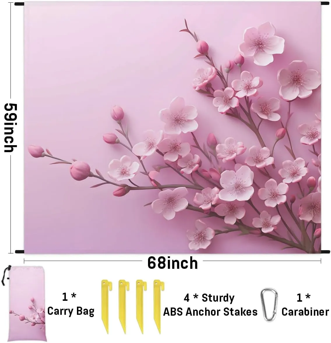 Beach Blanket, Peach Blossom Sandproof Beach Mat, Waterproof Quick Drying Sand Free Mat with 4 x Ground Spikes for Outdoor Travel Camping Hiking, Japanese 68 x 59 in