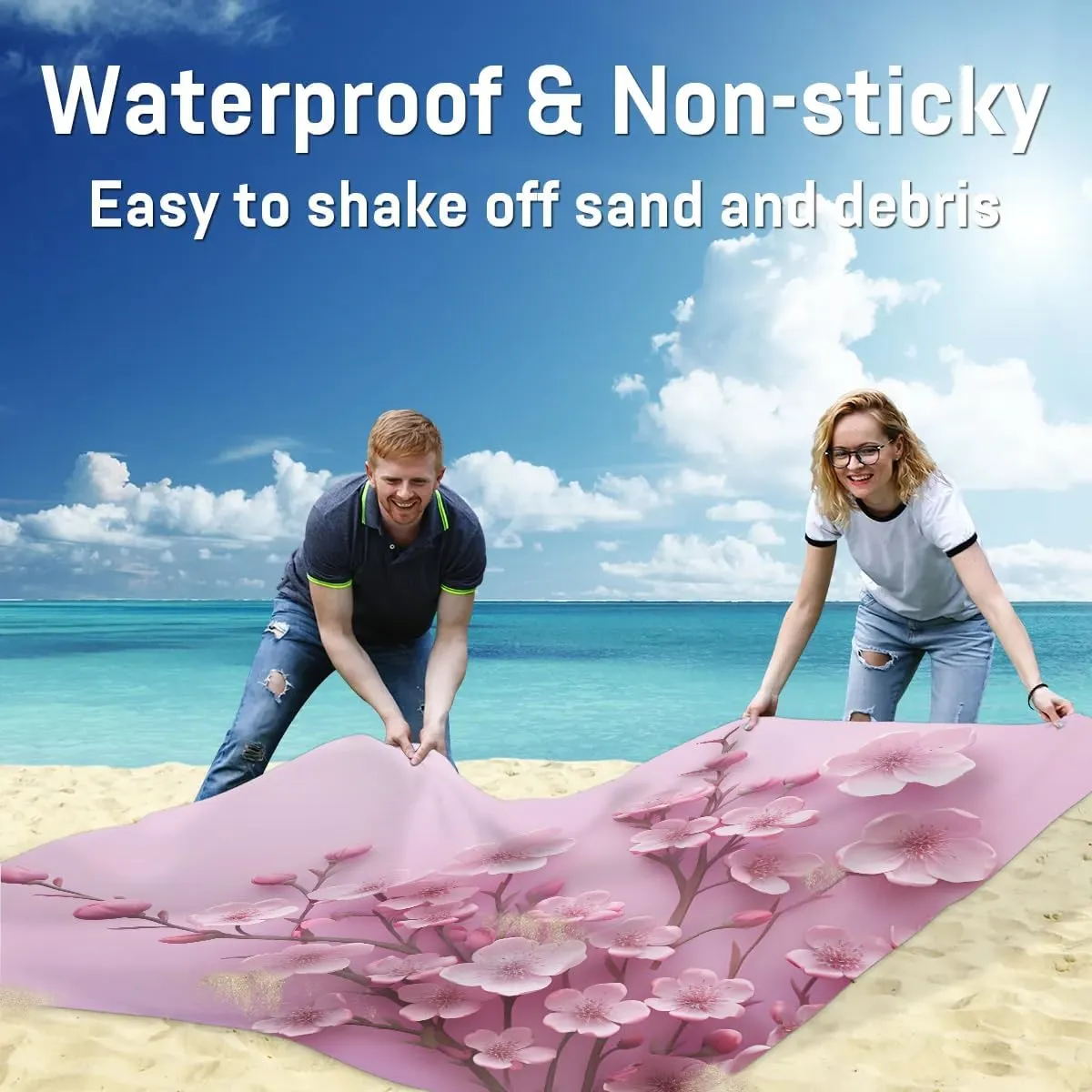 Beach Blanket, Peach Blossom Sandproof Beach Mat, Waterproof Quick Drying Sand Free Mat with 4 x Ground Spikes for Outdoor Travel Camping Hiking, Japanese 68 x 59 in