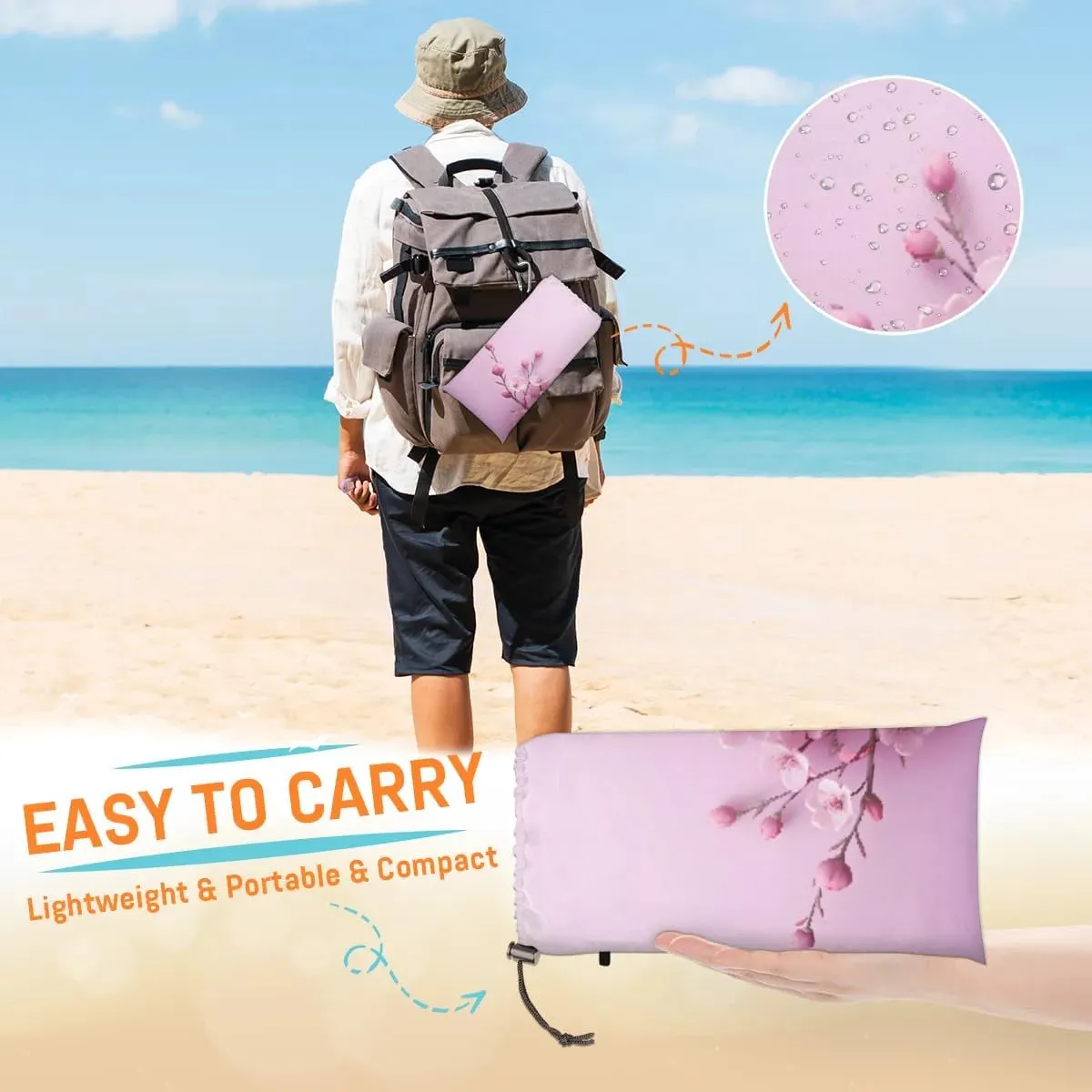 Beach Blanket, Peach Blossom Sandproof Beach Mat, Waterproof Quick Drying Sand Free Mat with 4 x Ground Spikes for Outdoor Travel Camping Hiking, Japanese 68 x 59 in