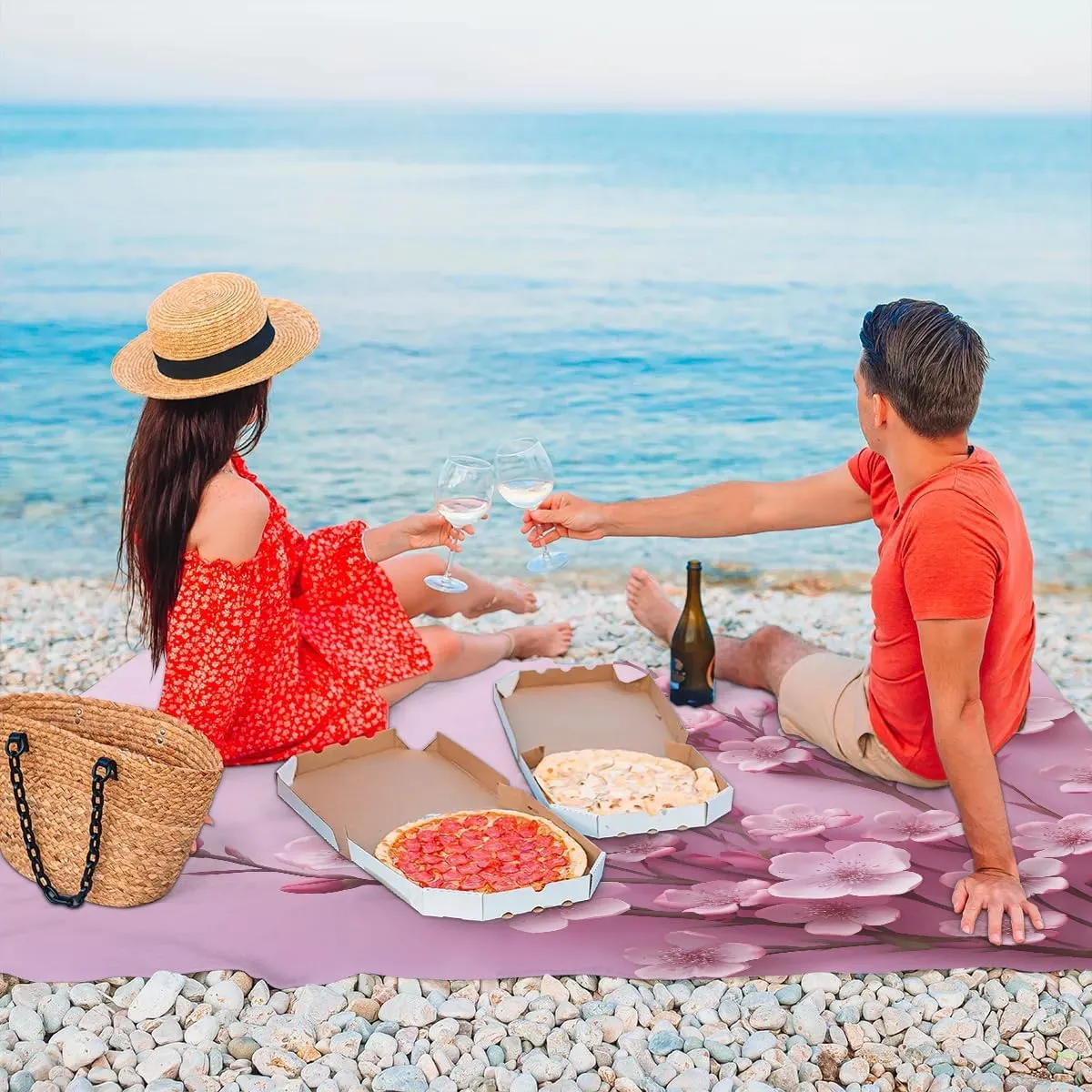Beach Blanket, Peach Blossom Sandproof Beach Mat, Waterproof Quick Drying Sand Free Mat with 4 x Ground Spikes for Outdoor Travel Camping Hiking, Japanese 68 x 59 in