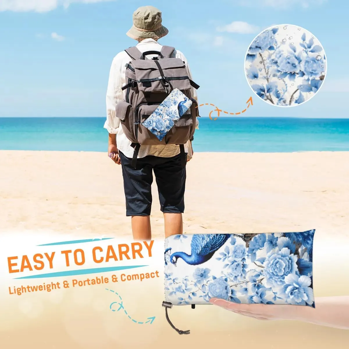 Beach Blanket, Peacock Sandproof Beach Mat, Waterproof Quick Drying Sand Free Mat with 4 x Ground Spikes for Outdoor Travel Camping Hiking, Beautiful Bird Peacock 68 x 59 in