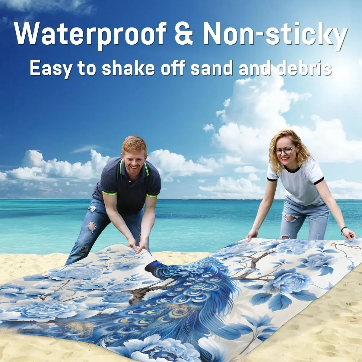 Beach Blanket, Peacock Sandproof Beach Mat, Waterproof Quick Drying Sand Free Mat with 4 x Ground Spikes for Outdoor Travel Camping Hiking, Beautiful Bird Peacock 68 x 59 in