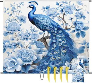 Beach Blanket, Peacock Sandproof Beach Mat, Waterproof Quick Drying Sand Free Mat with 4 x Ground Spikes for Outdoor Travel Camping Hiking, Beautiful Bird Peacock 68 x 59 in