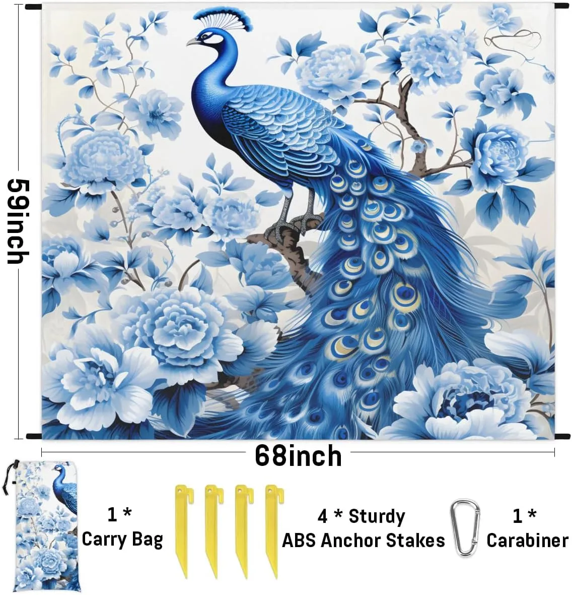 Beach Blanket, Peacock Sandproof Beach Mat, Waterproof Quick Drying Sand Free Mat with 4 x Ground Spikes for Outdoor Travel Camping Hiking, Beautiful Bird Peacock 68 x 59 in