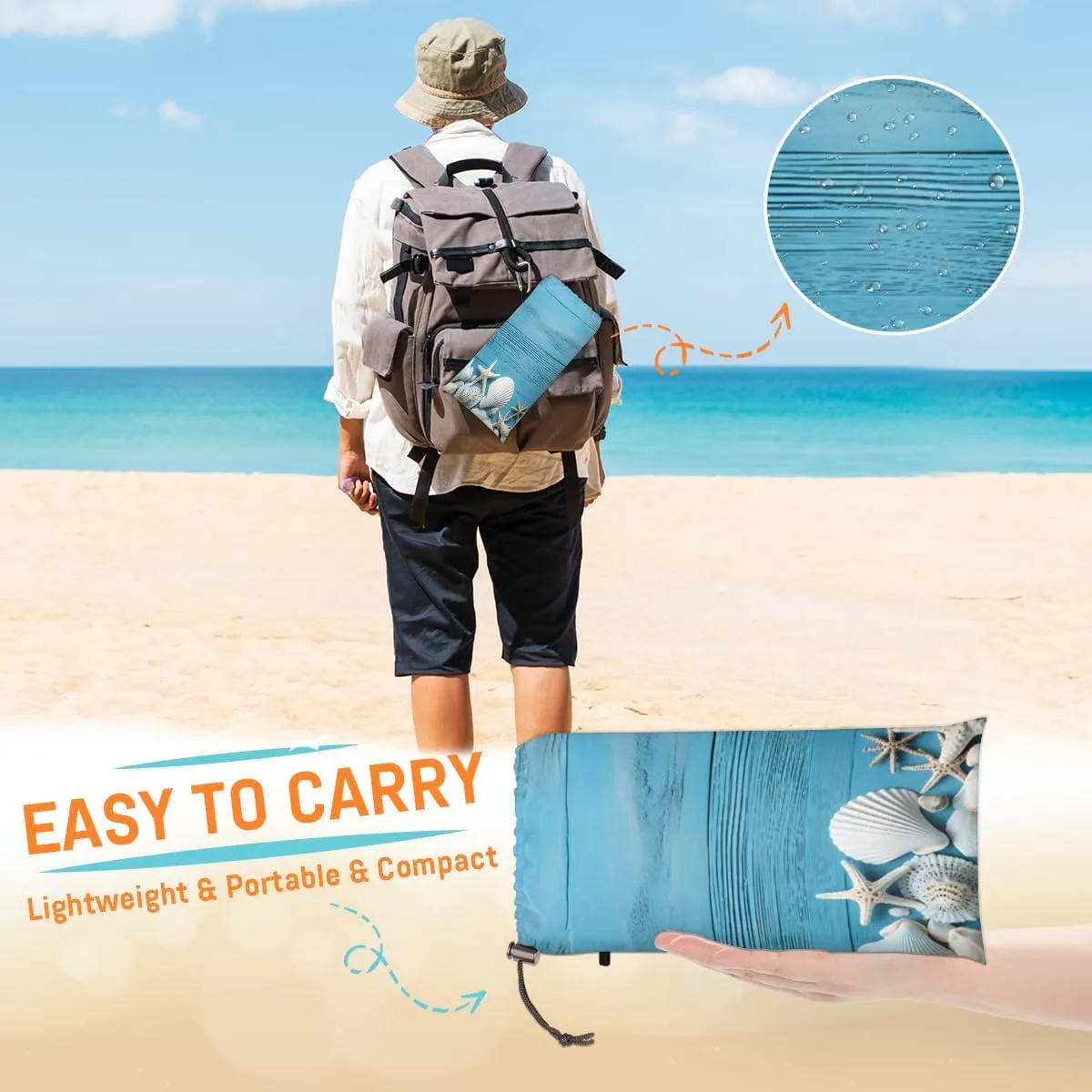 Beach Blanket, Sand Conch Sandproof Beach Mat, Waterproof Quick Drying Sand Free Mat with 4 x Ground Spikes for Outdoor Travel Camping Hiking, Rustic Starfish Shells 68 x 59 in