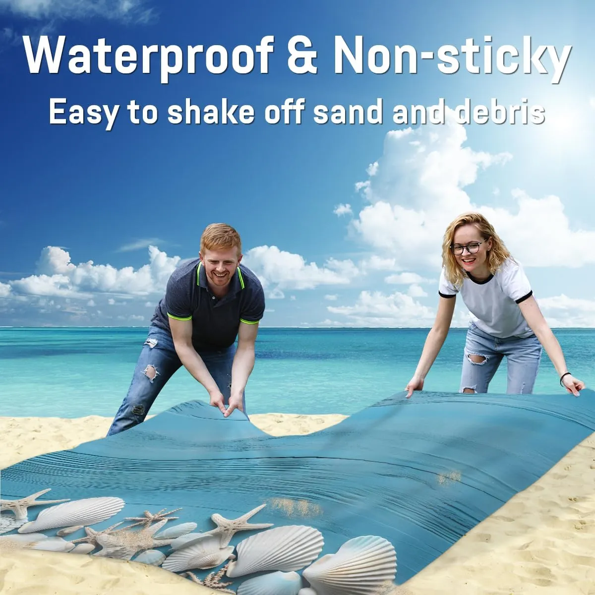 Beach Blanket, Sand Conch Sandproof Beach Mat, Waterproof Quick Drying Sand Free Mat with 4 x Ground Spikes for Outdoor Travel Camping Hiking, Rustic Starfish Shells 68 x 59 in
