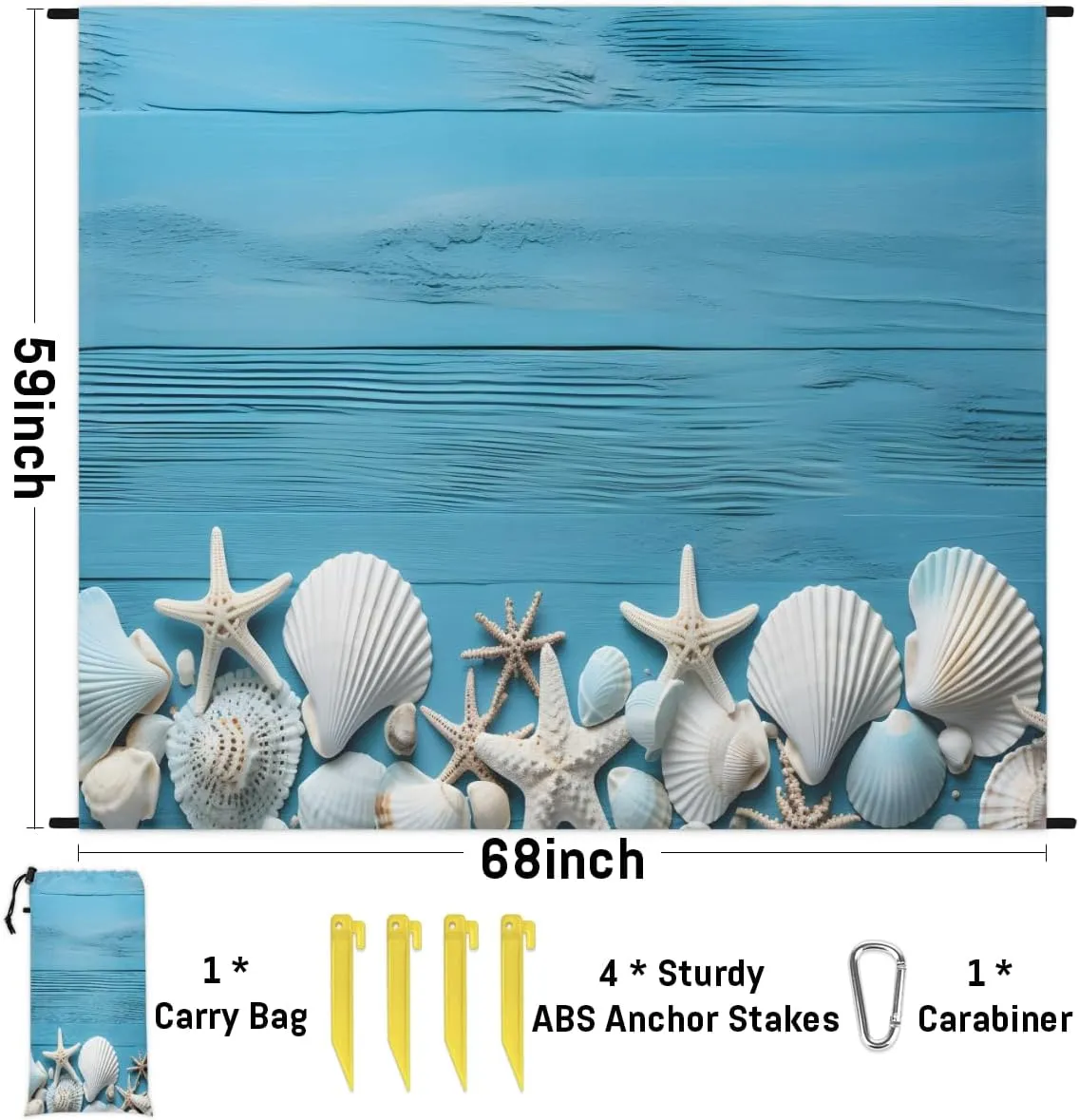 Beach Blanket, Sand Conch Sandproof Beach Mat, Waterproof Quick Drying Sand Free Mat with 4 x Ground Spikes for Outdoor Travel Camping Hiking, Rustic Starfish Shells 68 x 59 in