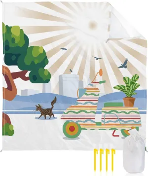 Beach Blanket Sandproof, Abstract Cartoon City Scenery Green Trees Waterproof Beach Mat Lightweight Quick Drying Picnic Blanket Beach Essentials for Travel Camping Hiking 83x79in