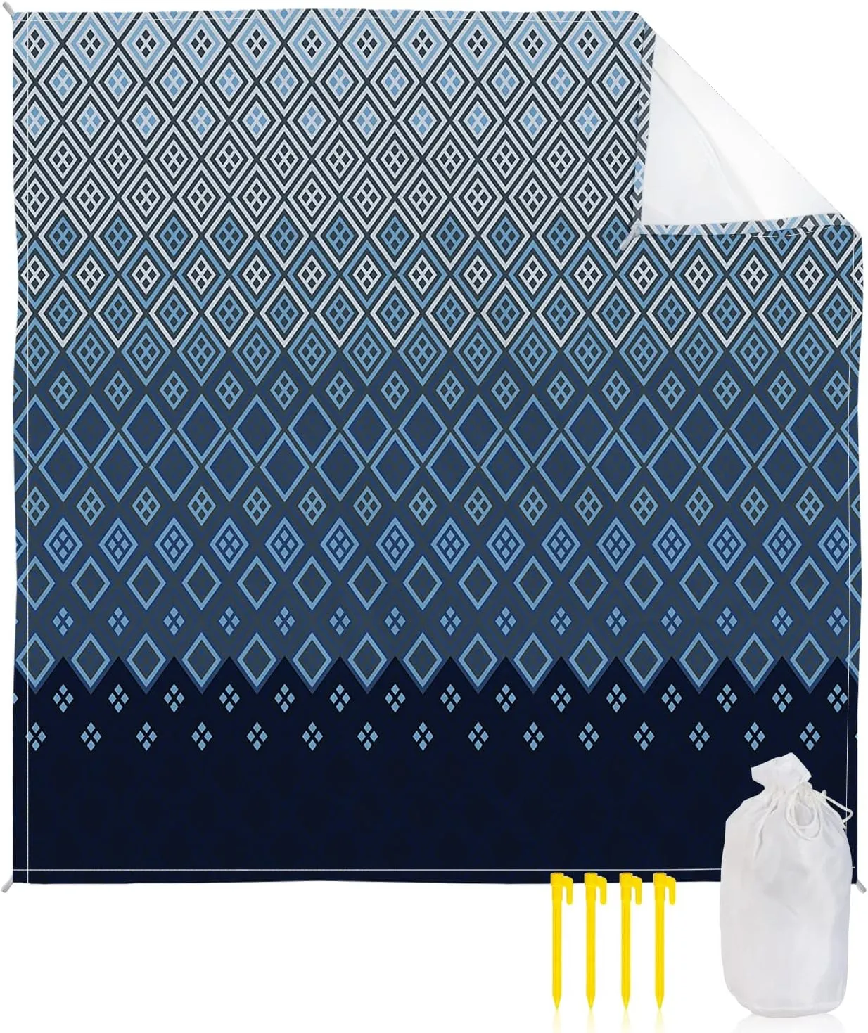 Beach Blanket Sandproof, Abstract Gradient Blue Diamond Texture Waterproof Beach Mat Lightweight Quick Drying Picnic Blanket Beach Essentials for Travel Camping Hiking 83x79in
