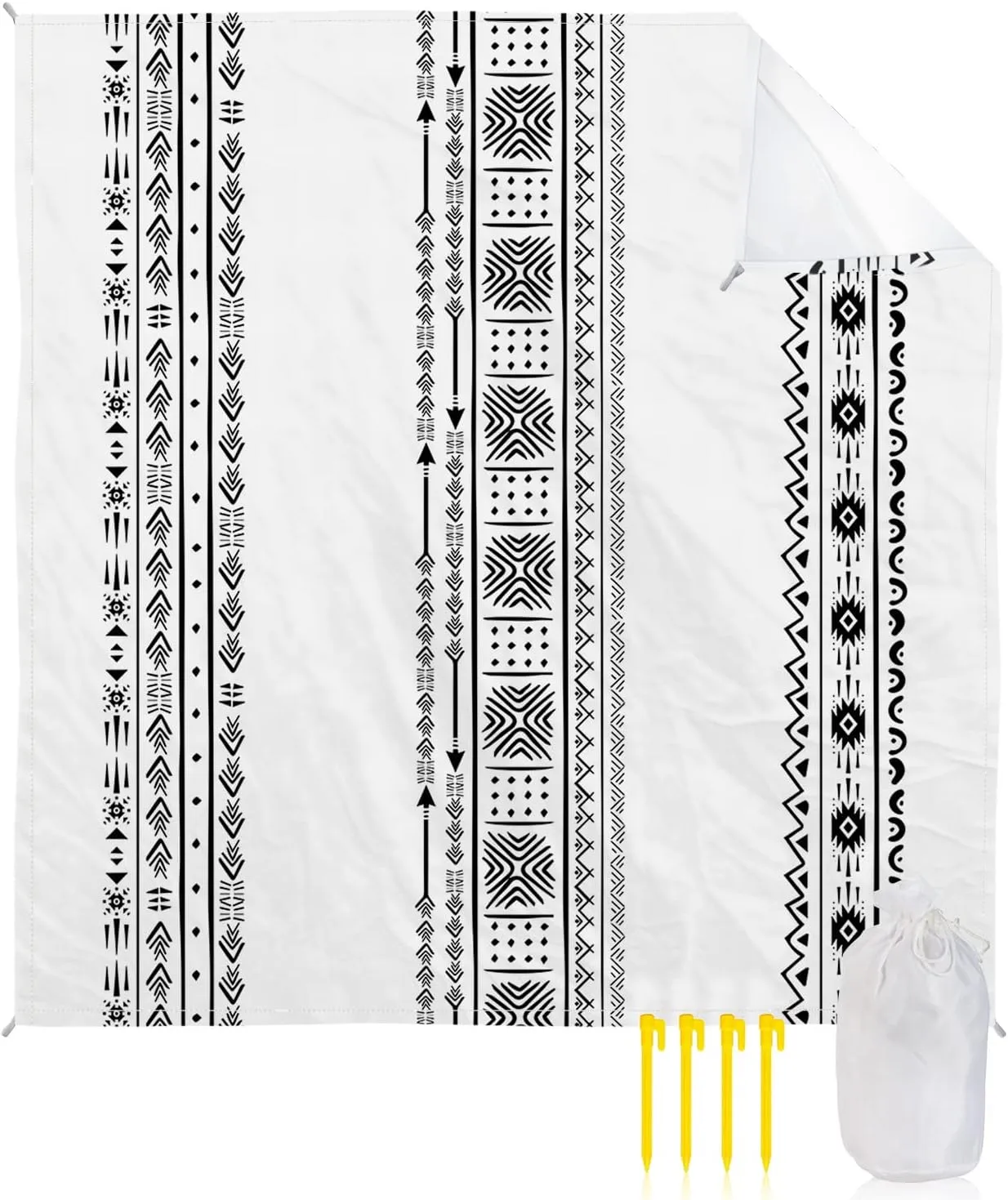 Beach Blanket Sandproof, Bohemian Abstract Black White Lines Boho Waterproof Beach Mat Lightweight Quick Drying Picnic Blanket Beach Essentials for Travel Camping Hiking 108x84in