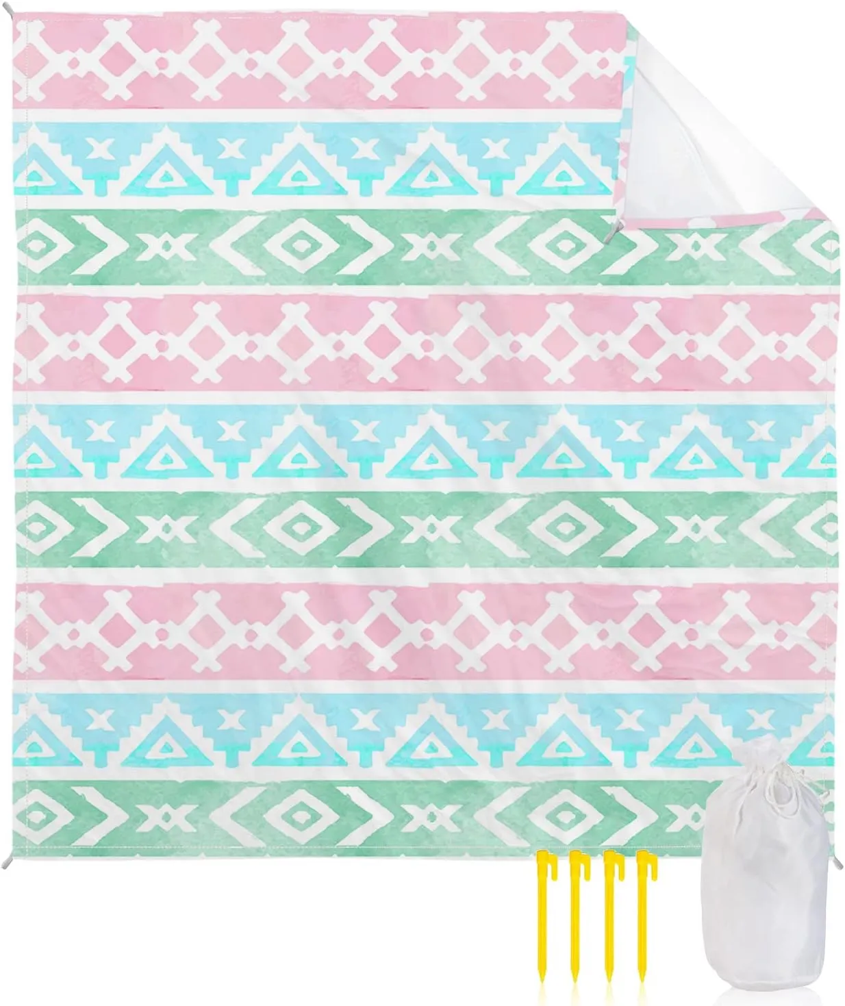 Beach Blanket Sandproof, Boho Folk-Custom Stripes Pink Green Blue Waterproof Beach Mat Lightweight Quick Drying Picnic Blanket Beach Essentials for Travel Camping Hiking 83x79in