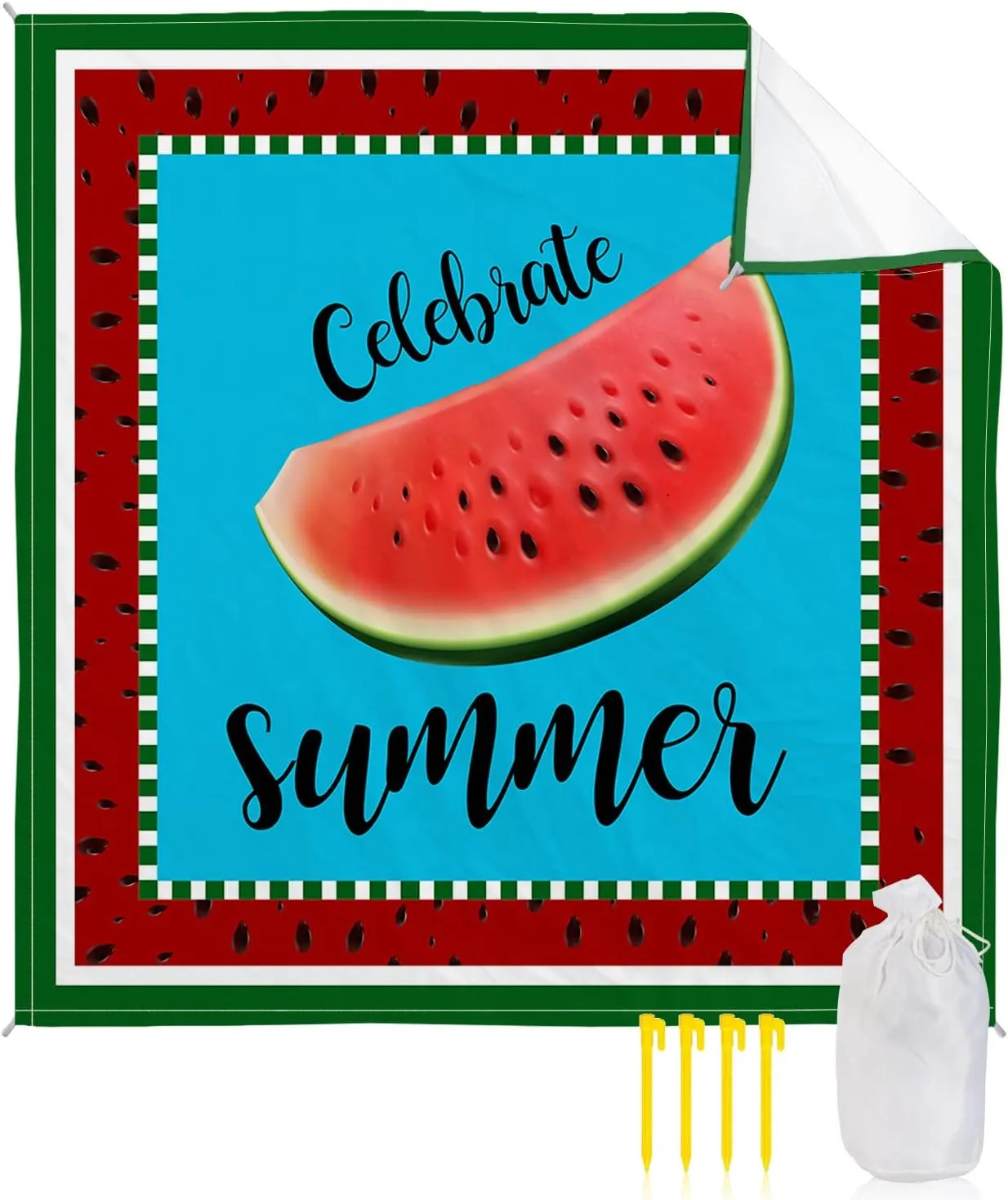 Beach Blanket Sandproof, Fruits Summer Watermelon Green Waterproof Beach Mat Lightweight Quick Drying Picnic Blanket Beach Essentials for Travel Camping Hiking 108x84in