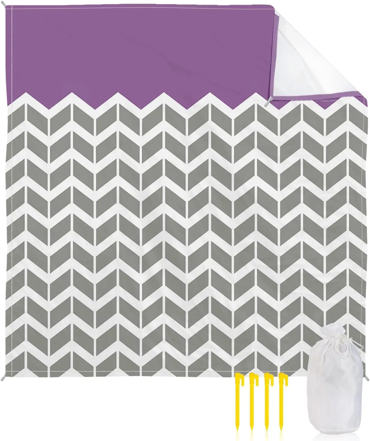 Beach Blanket Sandproof, Geometric Chevron Pattern Purple Waterproof Beach Mat Lightweight Quick Drying Picnic Blanket Beach Essentials for Travel Camping Hiking 95x80in